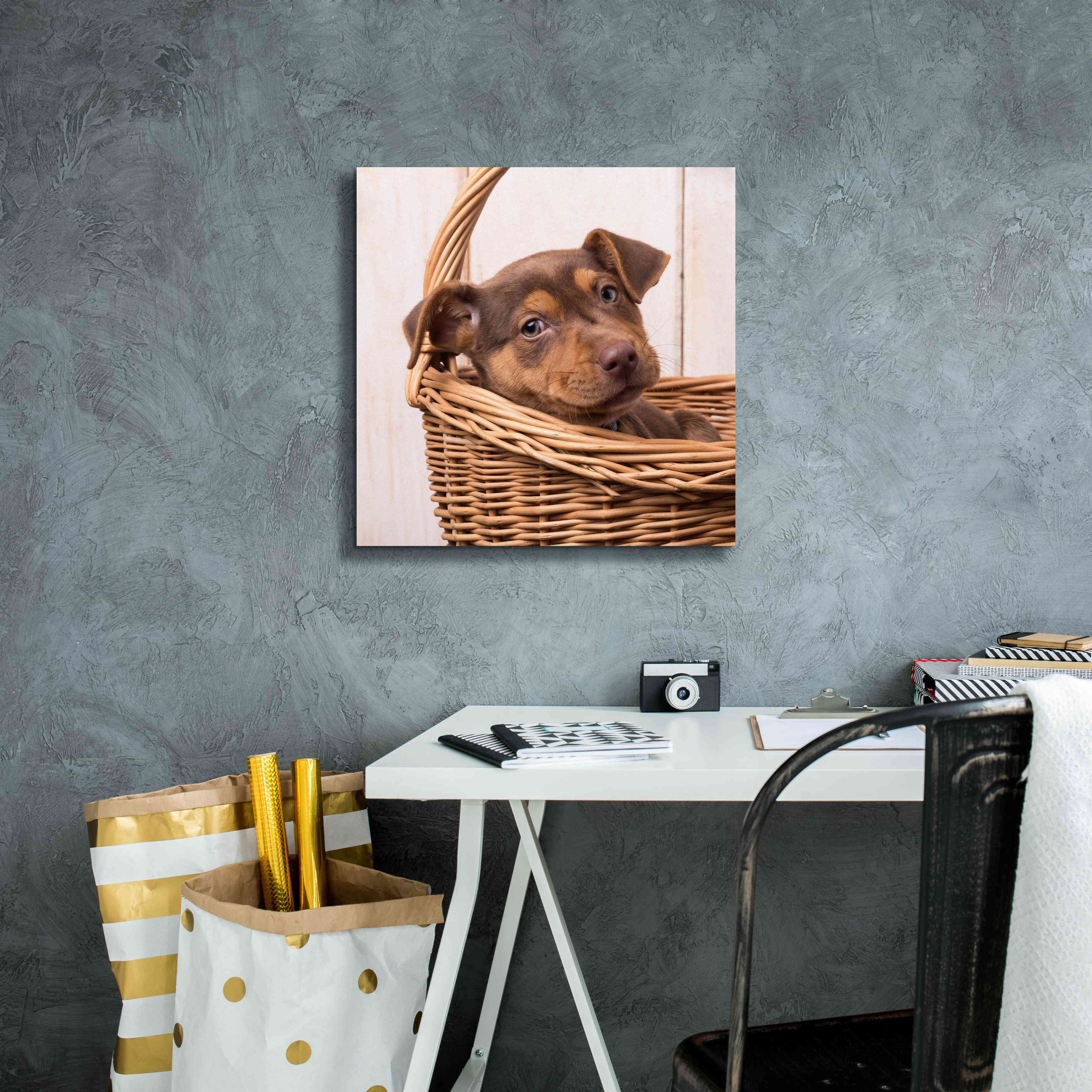 'Puppy in a Basket' by Edward M. Fielding, Giclee Canvas Wall Art,18x18