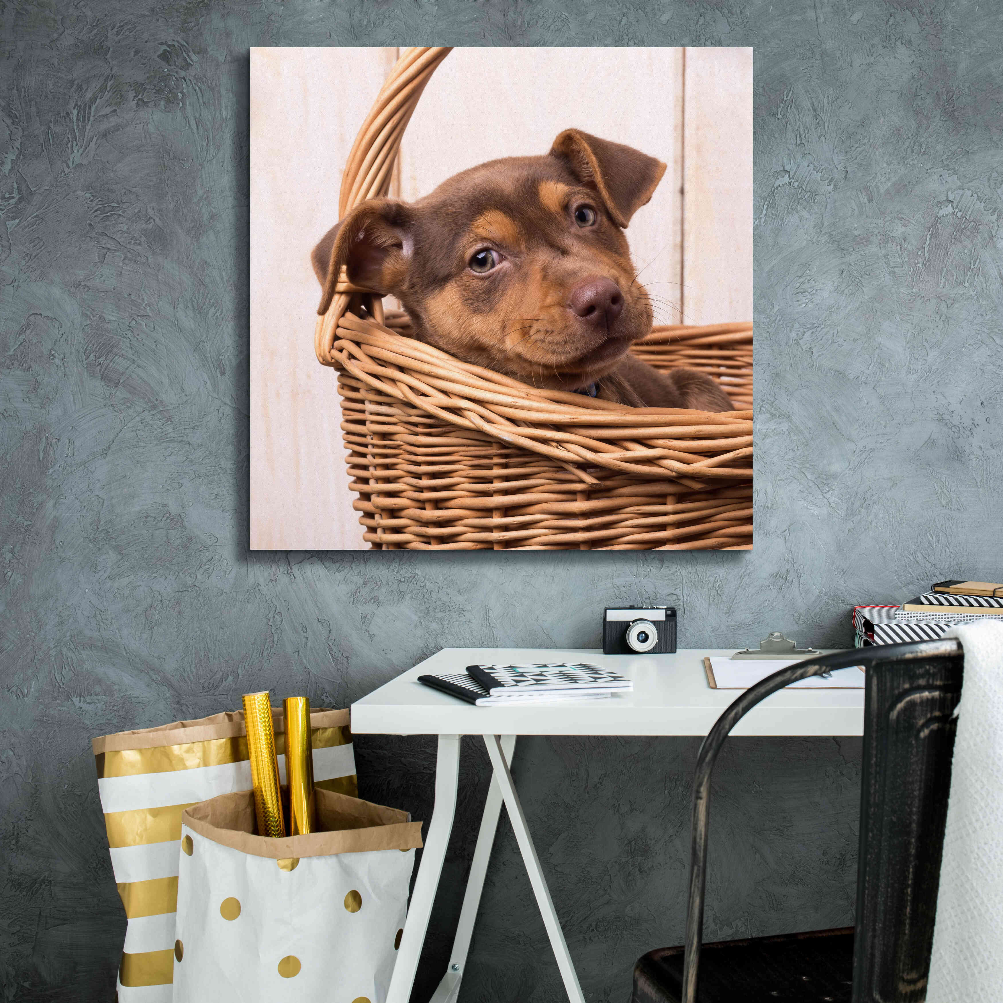 'Puppy in a Basket' by Edward M. Fielding, Giclee Canvas Wall Art,26x26