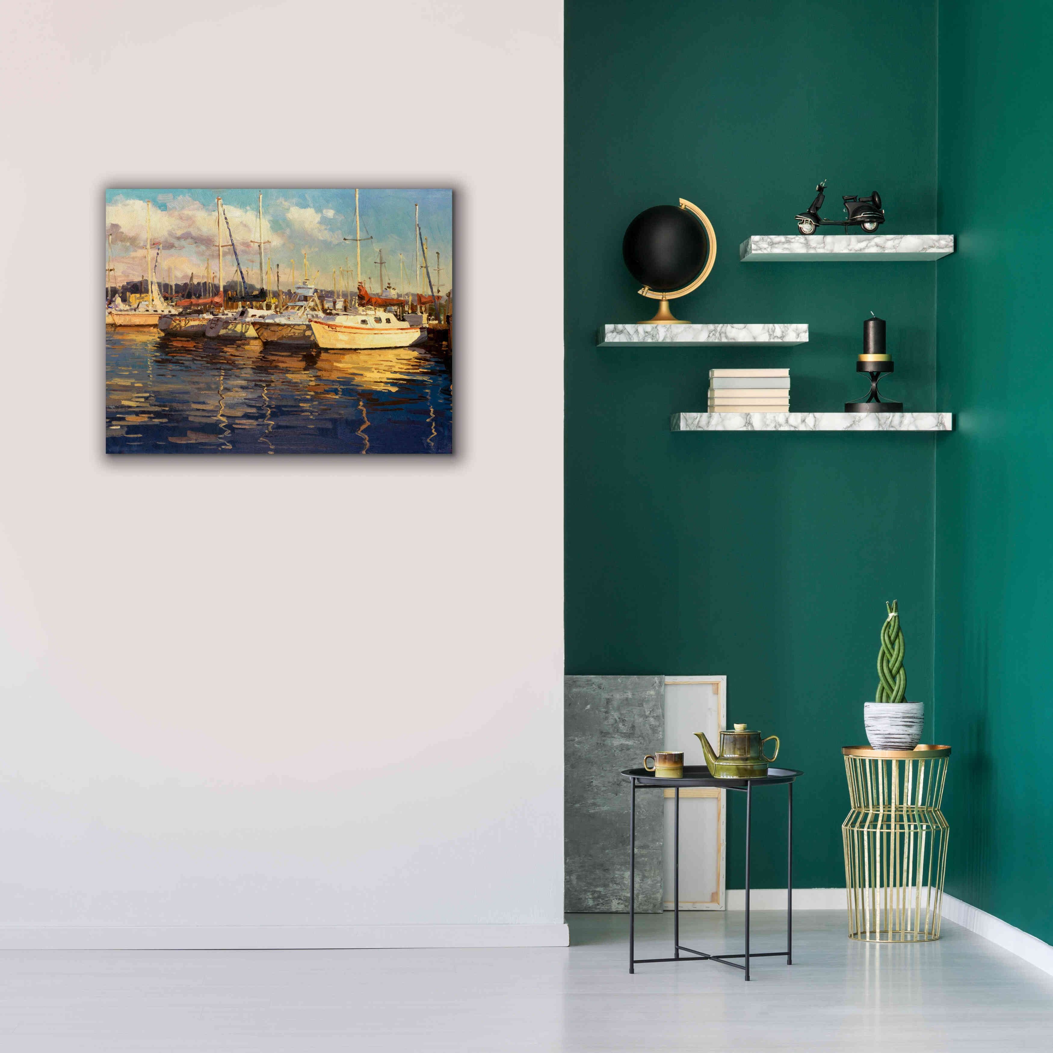 'Boats on Glassy Harbor' by Furtesen, Giclee Canvas Wall Art,34x26