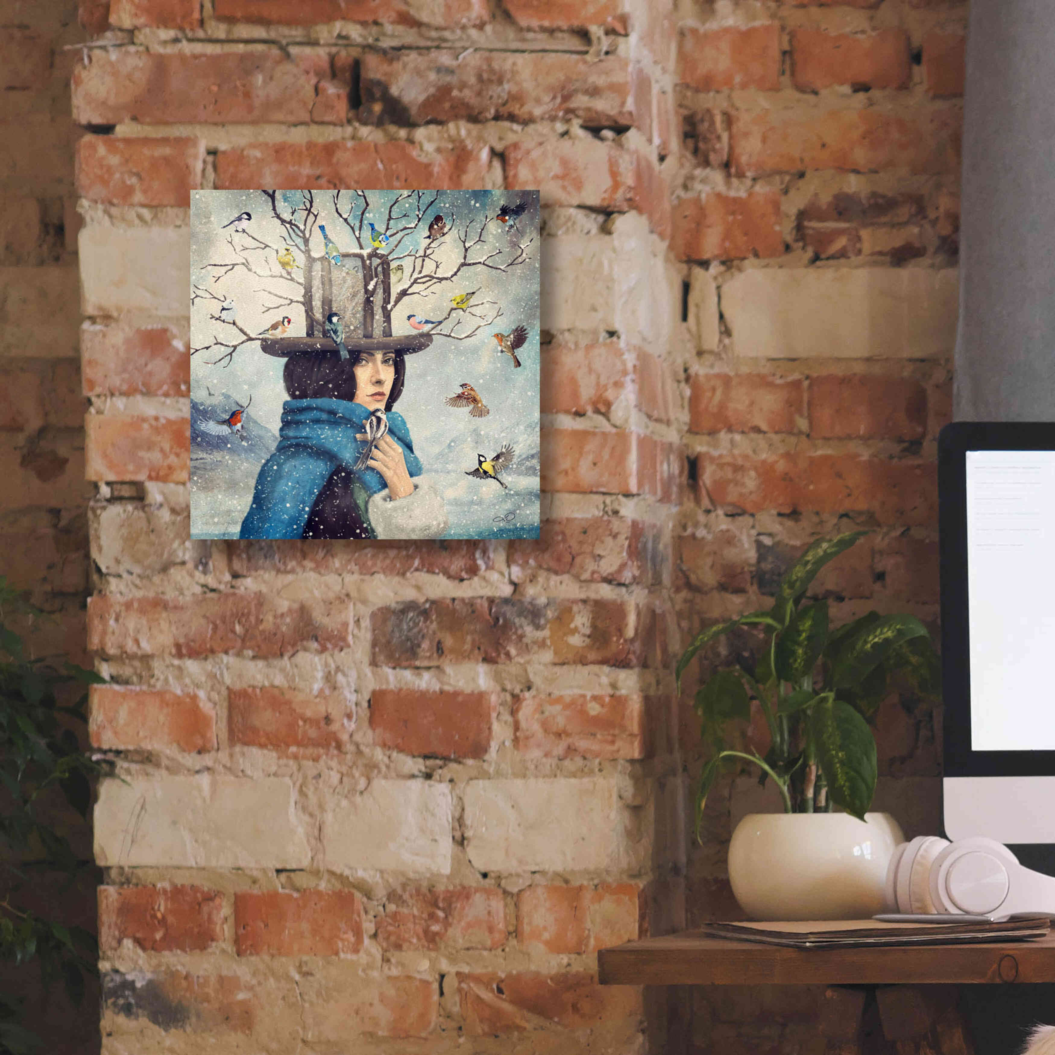 'The Lady With The Bird Feeder Hat' by Paula Belle Flores, Giclee Canvas Wall Art,12 x 12