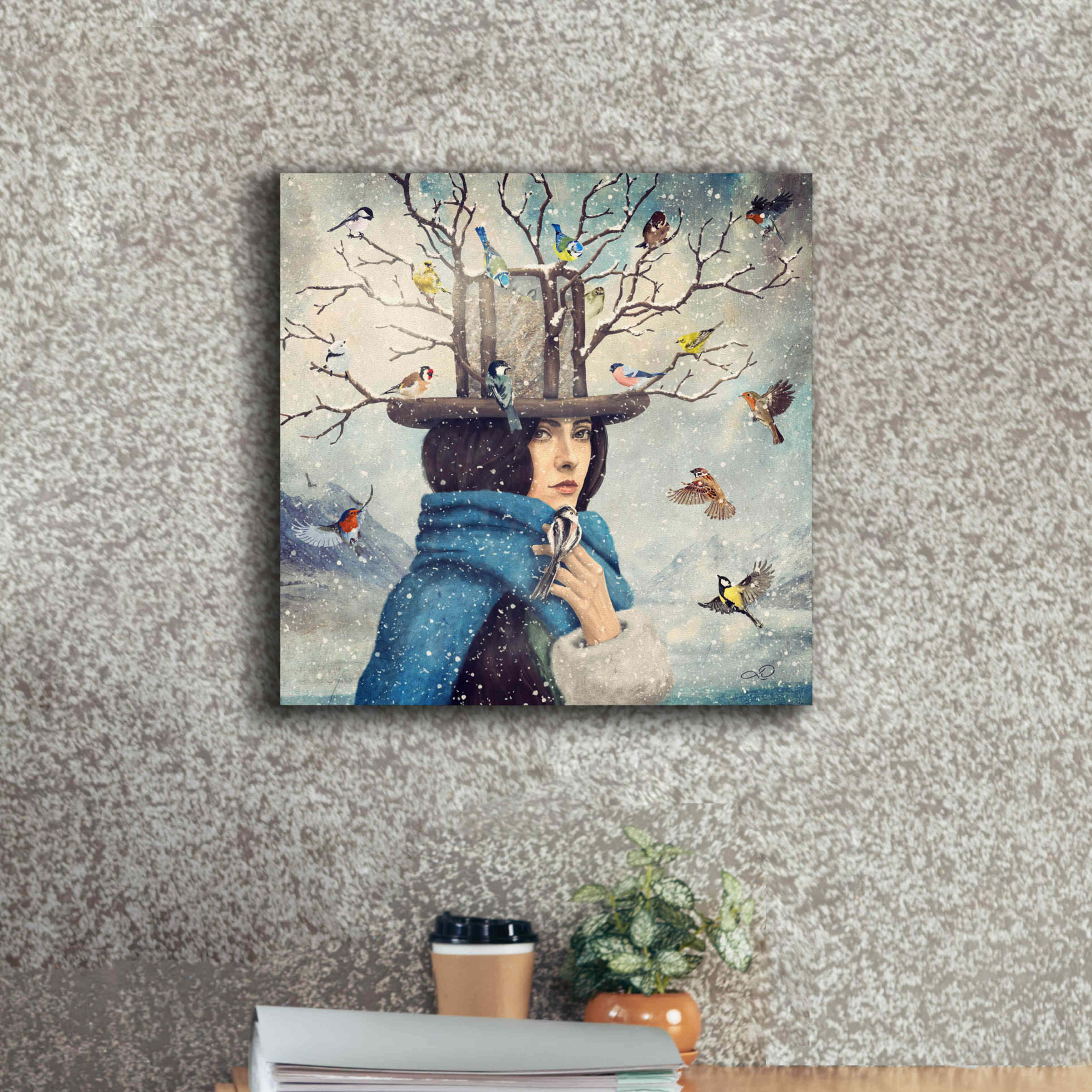 'The Lady With The Bird Feeder Hat' by Paula Belle Flores, Giclee Canvas Wall Art,18 x 18
