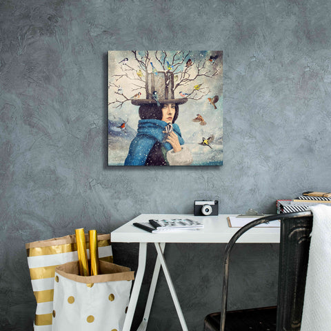 Image of 'The Lady With The Bird Feeder Hat' by Paula Belle Flores, Giclee Canvas Wall Art,18 x 18