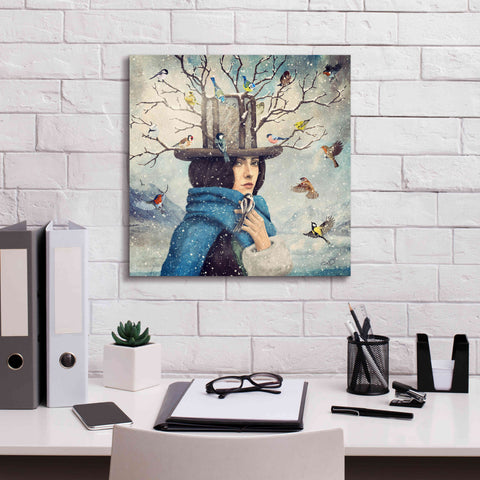 Image of 'The Lady With The Bird Feeder Hat' by Paula Belle Flores, Giclee Canvas Wall Art,18 x 18