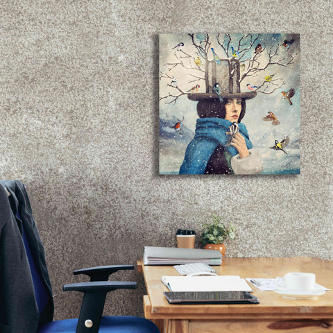 Image of 'The Lady With The Bird Feeder Hat' by Paula Belle Flores, Giclee Canvas Wall Art,26 x 26