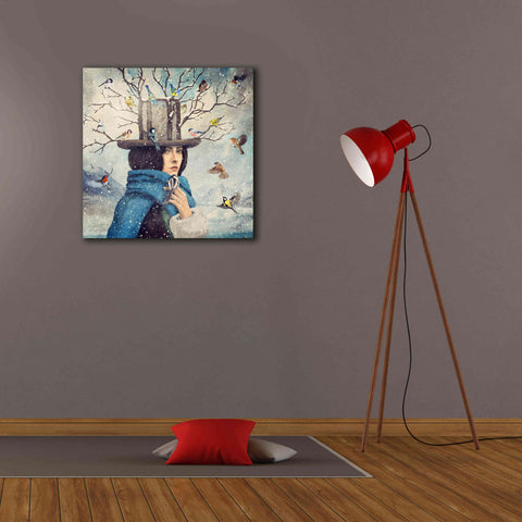 Image of 'The Lady With The Bird Feeder Hat' by Paula Belle Flores, Giclee Canvas Wall Art,26 x 26