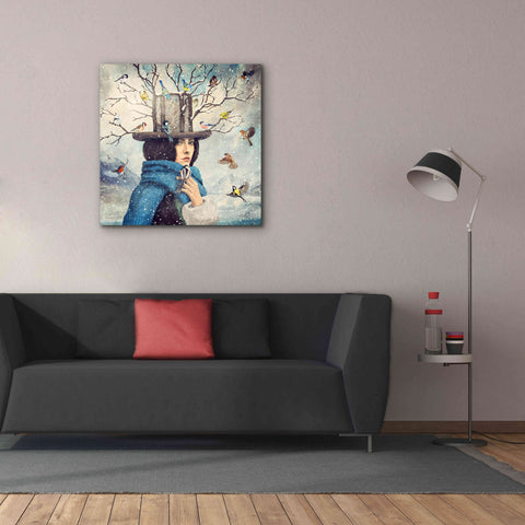 Image of 'The Lady With The Bird Feeder Hat' by Paula Belle Flores, Giclee Canvas Wall Art,37 x 37