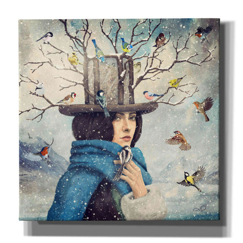 Image of 'The Lady With The Bird Feeder Hat' by Paula Belle Flores, Giclee Canvas Wall Art