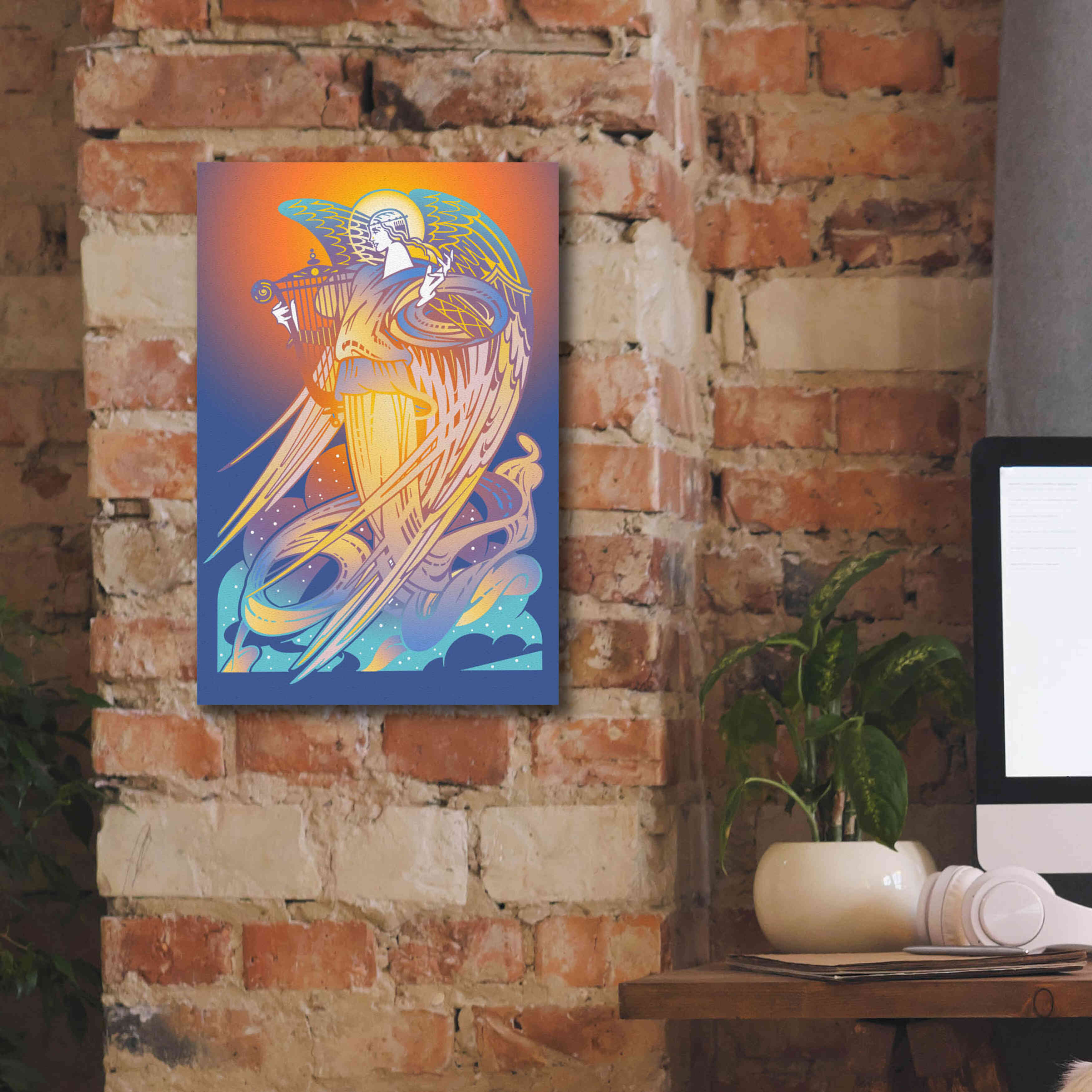 'New Angel With Harp' by David Chestnutt, Giclee Canvas Wall Art,12 x 18
