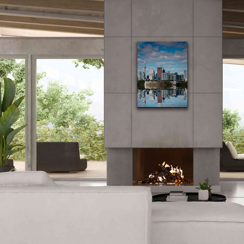 Image of 'Toronto Skyline From The Pape Ave Bridge Reflection No 1' by Brian Carson, Giclee Canvas Wall Art,26 x 34