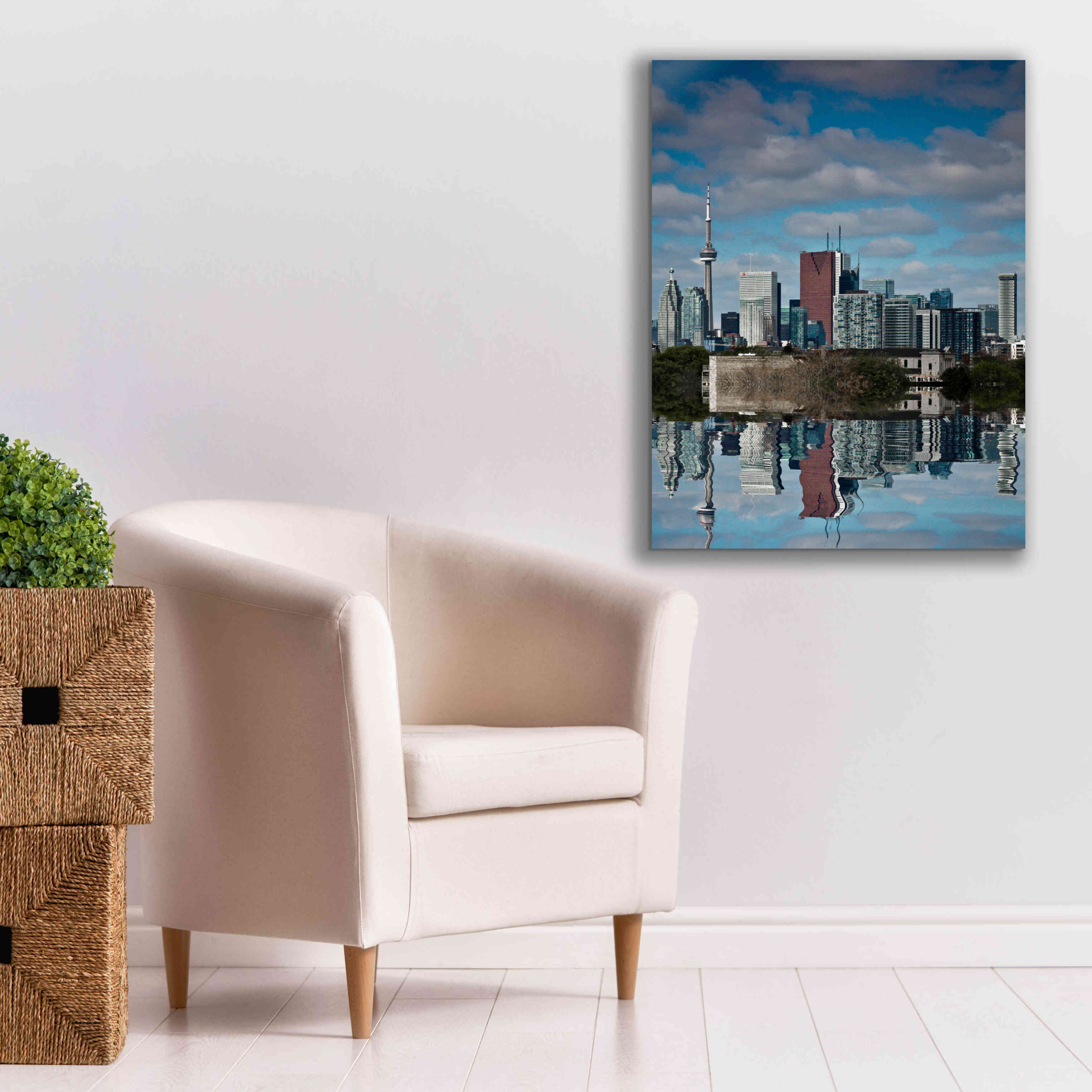 'Toronto Skyline From The Pape Ave Bridge Reflection No 1' by Brian Carson, Giclee Canvas Wall Art,26 x 34