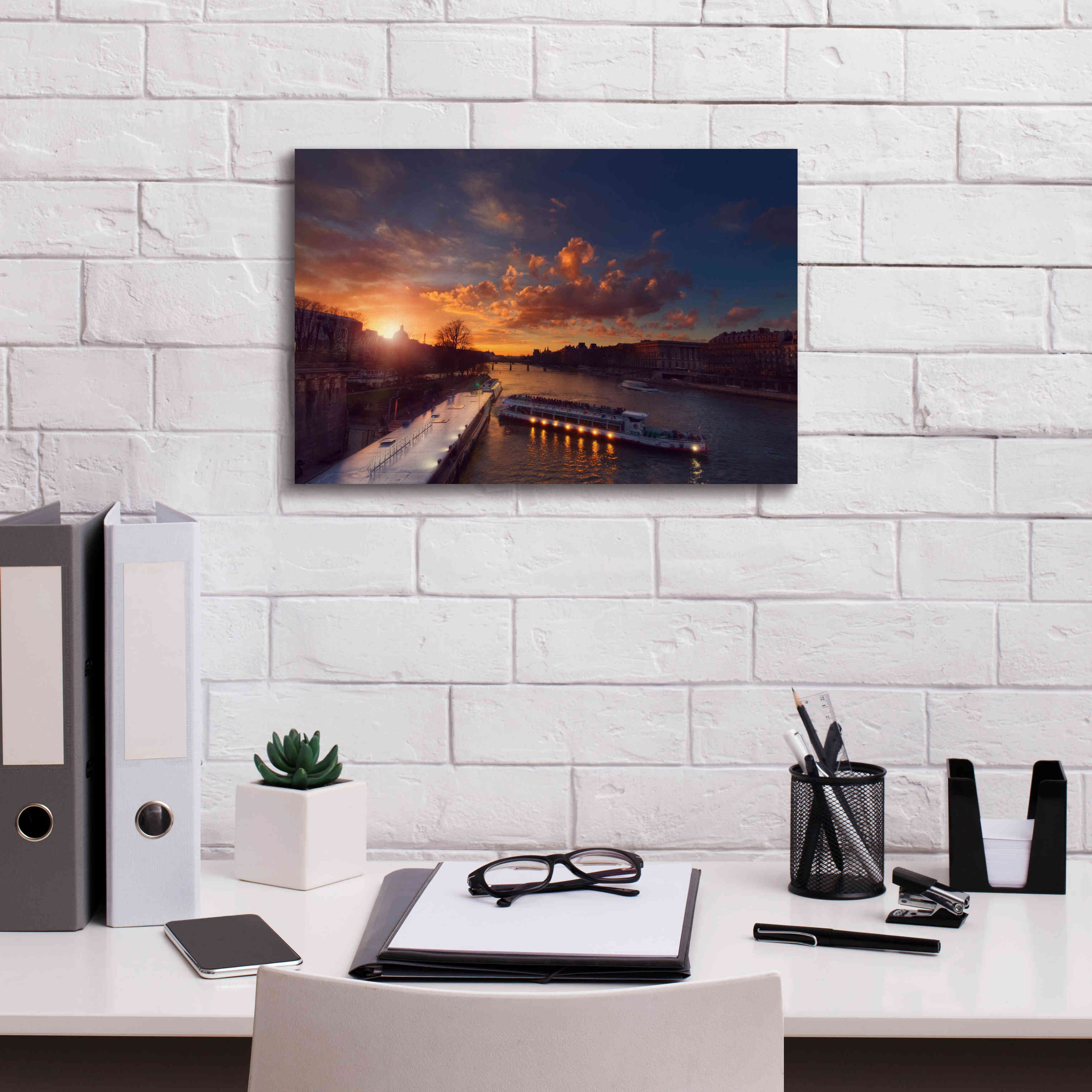 'Bateaux Mouches Sunset' by Sebastien Lory, Giclee Canvas Wall Art,18 x 12