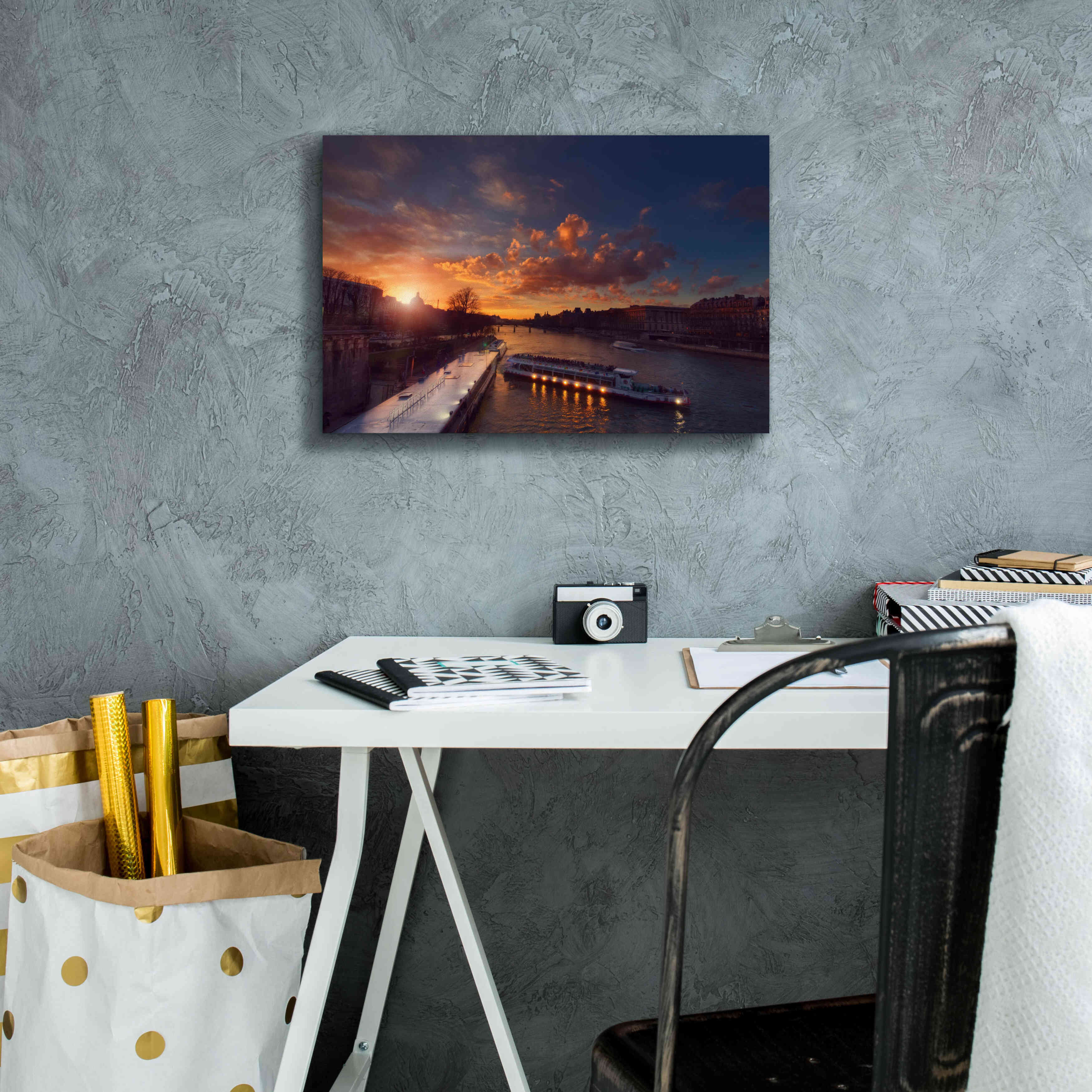 'Bateaux Mouches Sunset' by Sebastien Lory, Giclee Canvas Wall Art,18 x 12