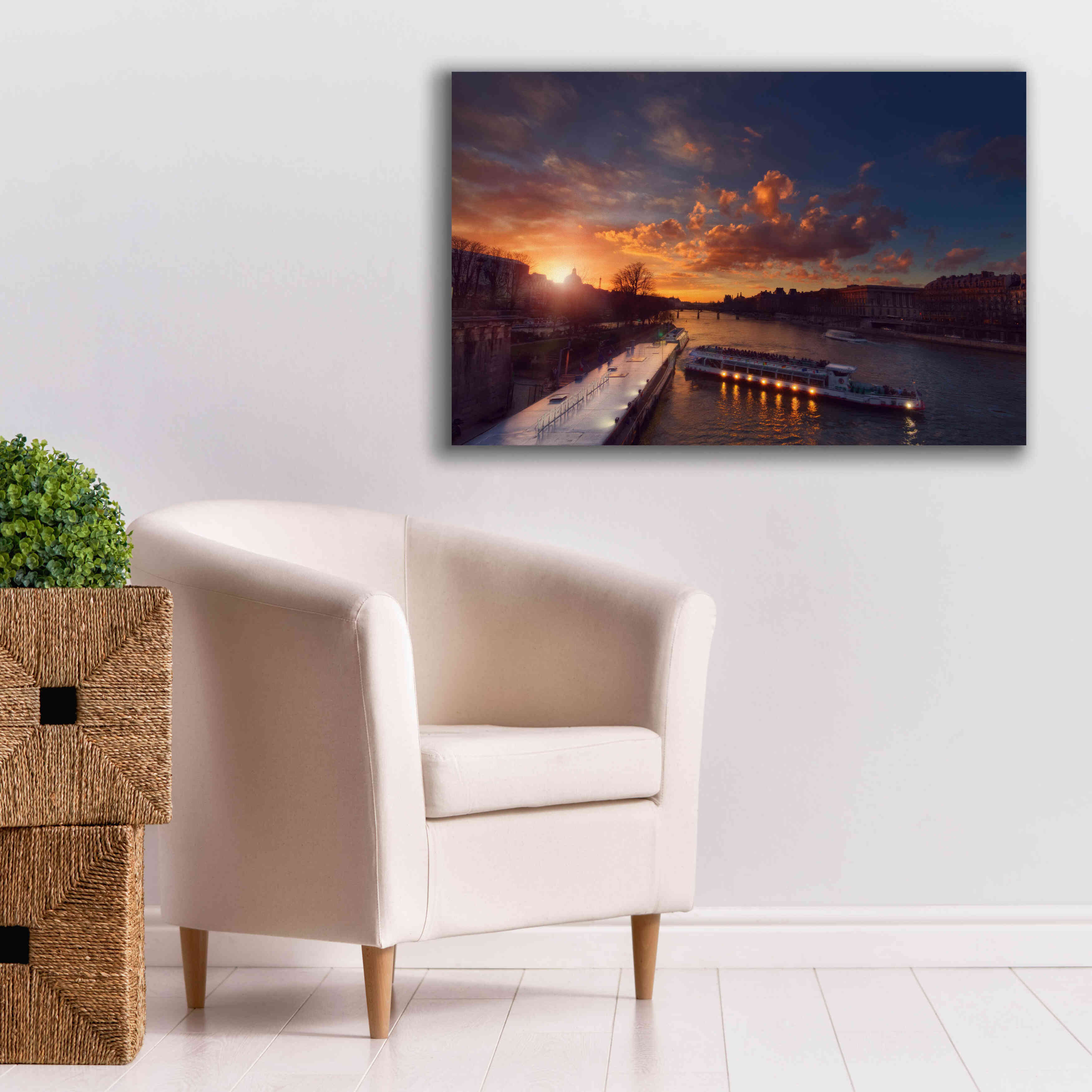 'Bateaux Mouches Sunset' by Sebastien Lory, Giclee Canvas Wall Art,40 x 26