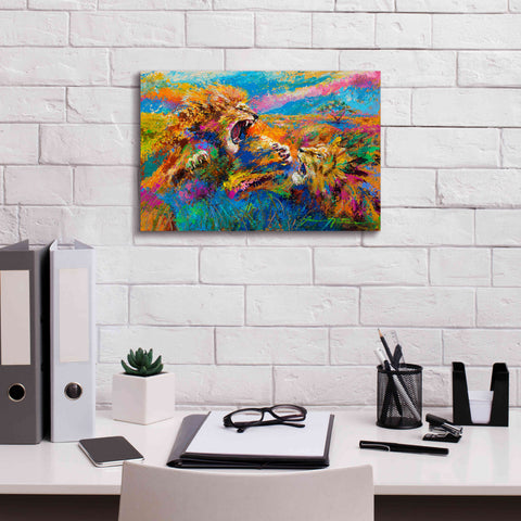 Image of 'Pride Fight in the Savanna African Lions' by Jace D McTier, Giclee Canvas Wall Art,18 x 12
