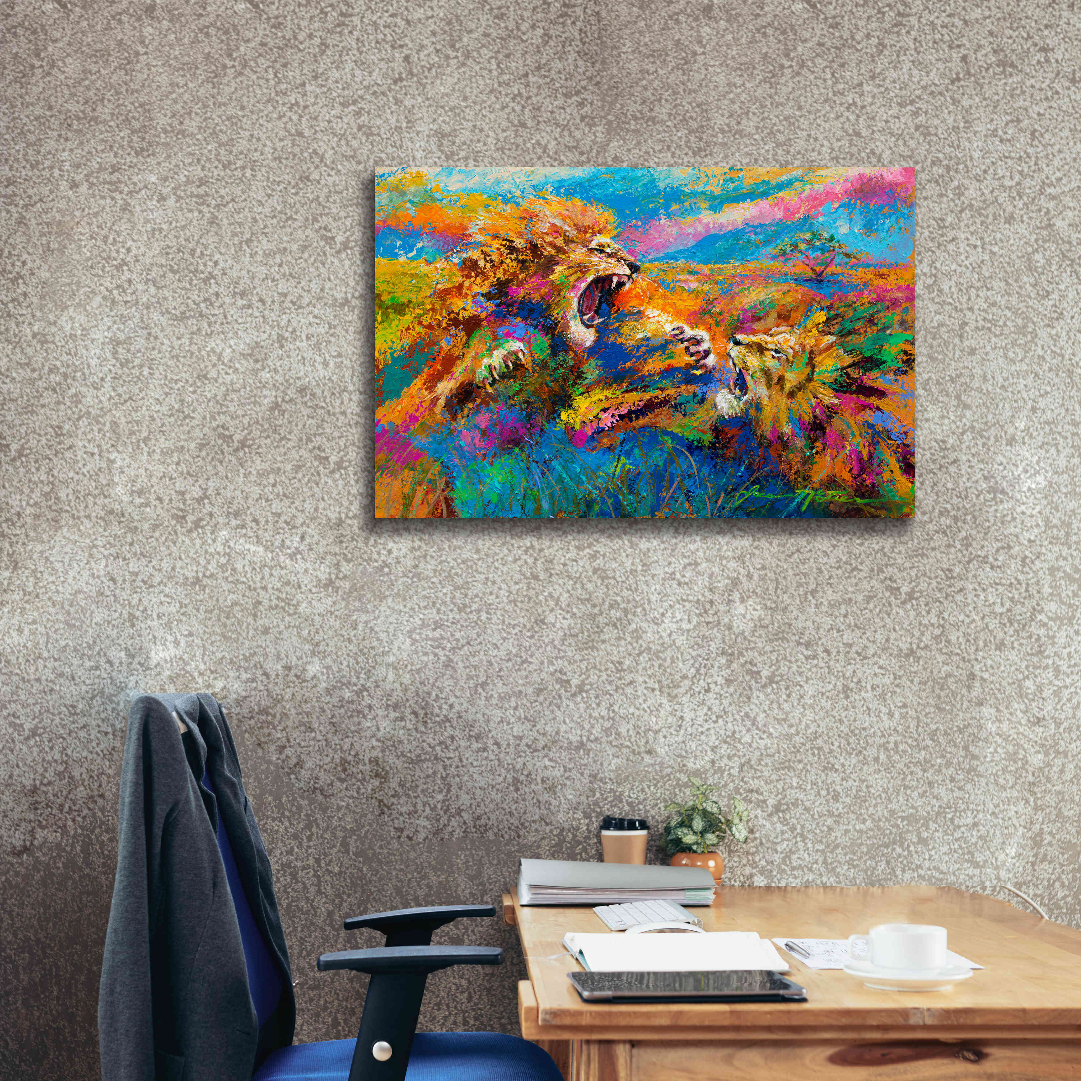 'Pride Fight in the Savanna African Lions' by Jace D McTier, Giclee Canvas Wall Art,40 x 26