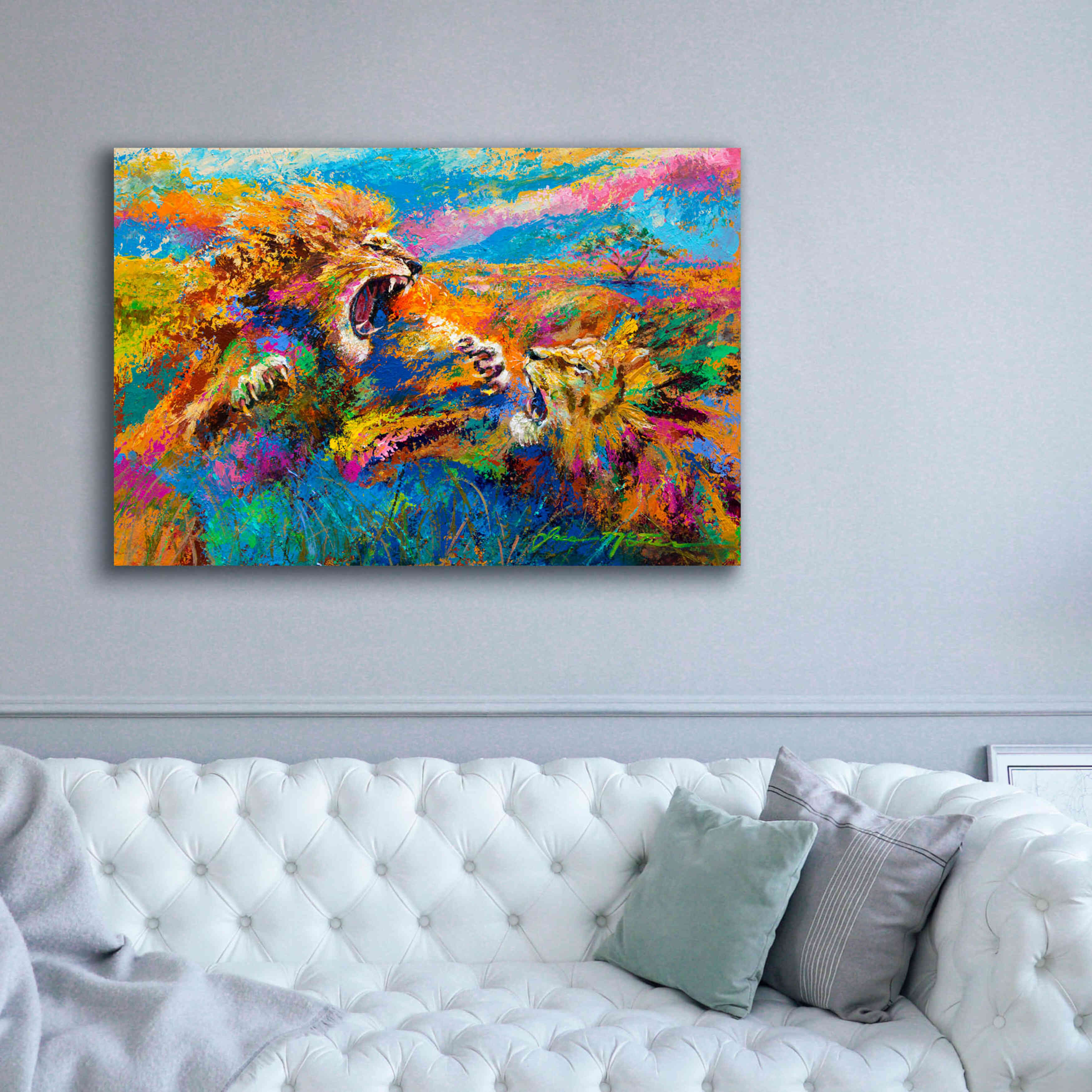 'Pride Fight in the Savanna African Lions' by Jace D McTier, Giclee Canvas Wall Art,60 x 40