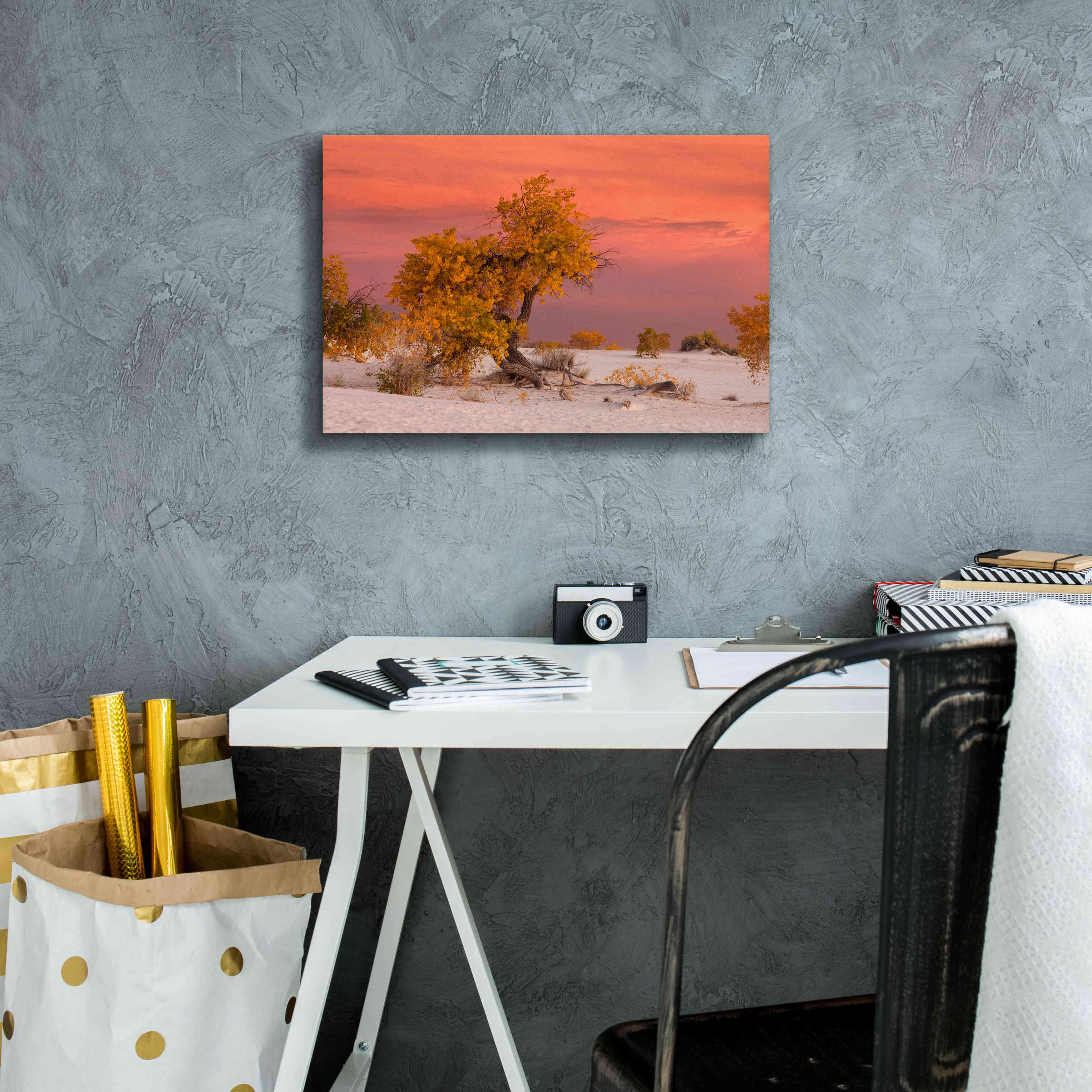 'White Sands Yellow Tree' by Mike Jones, Giclee Canvas Wall Art,18 x 12