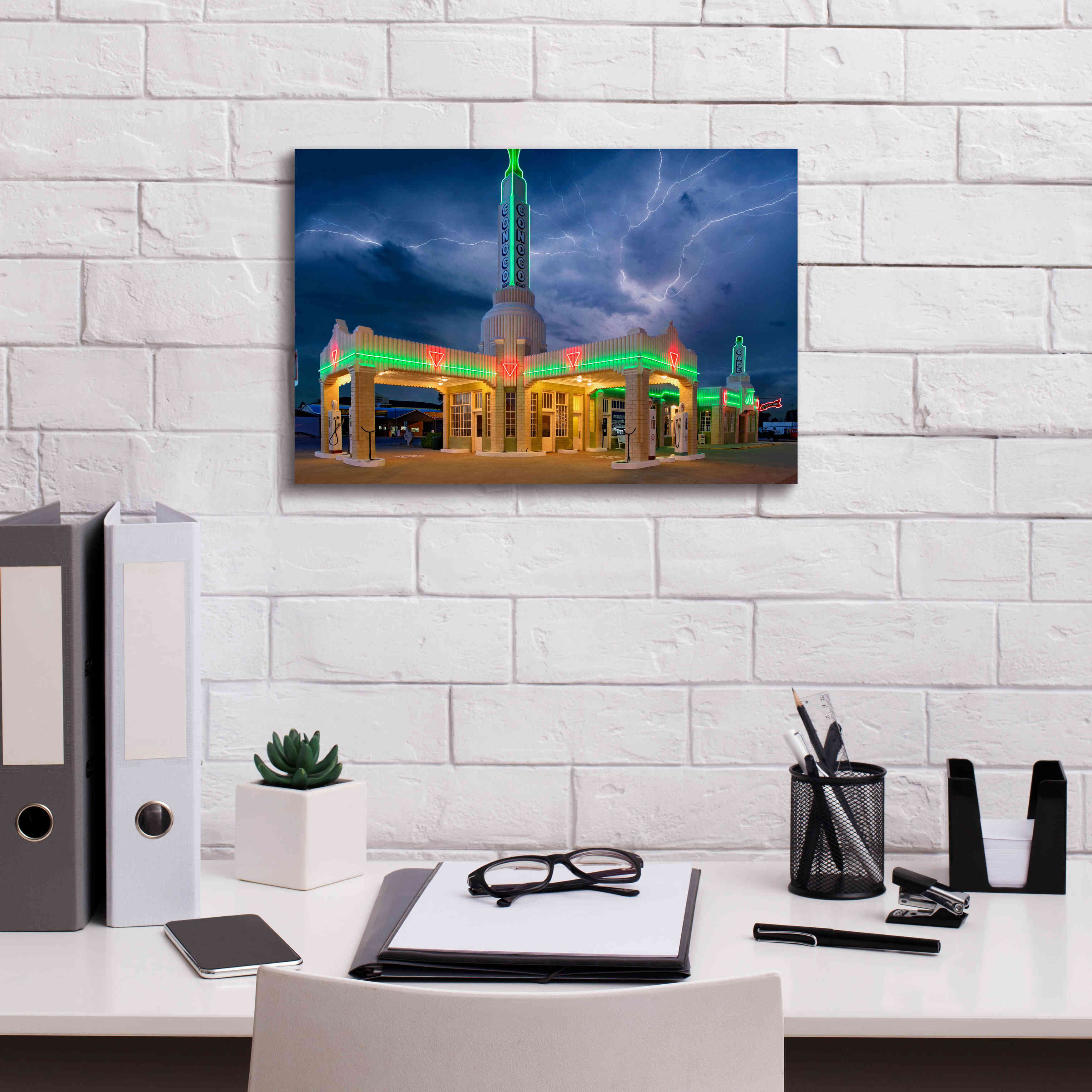 'Route 66 Shamrock Texas Conoco Lightning' by Mike Jones, Giclee Canvas Wall Art,18 x 12