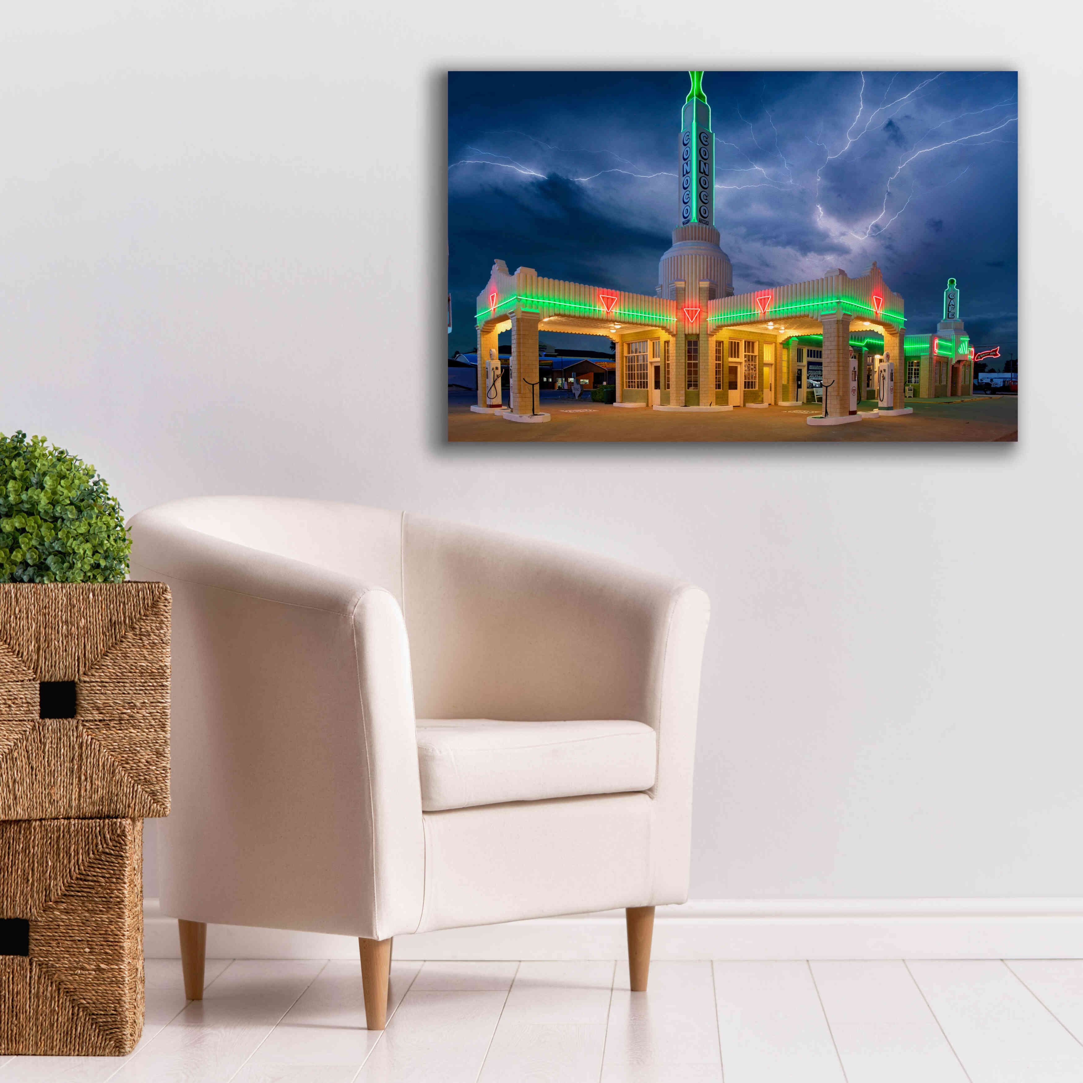 'Route 66 Shamrock Texas Conoco Lightning' by Mike Jones, Giclee Canvas Wall Art,40 x 26