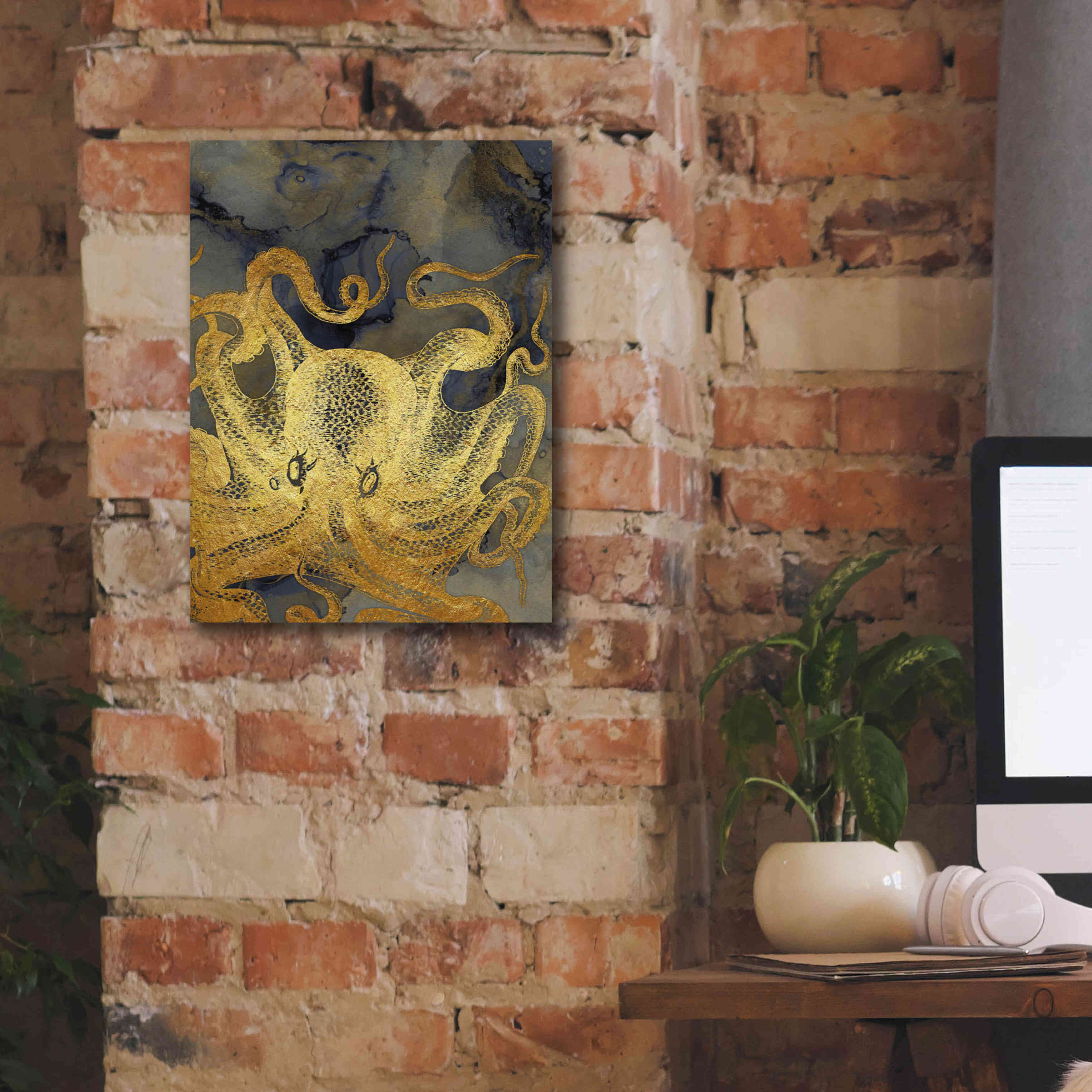 'Octopus Ink Gold & Blue II' by Christine Zalewski, Giclee Canvas Wall Art,12x16