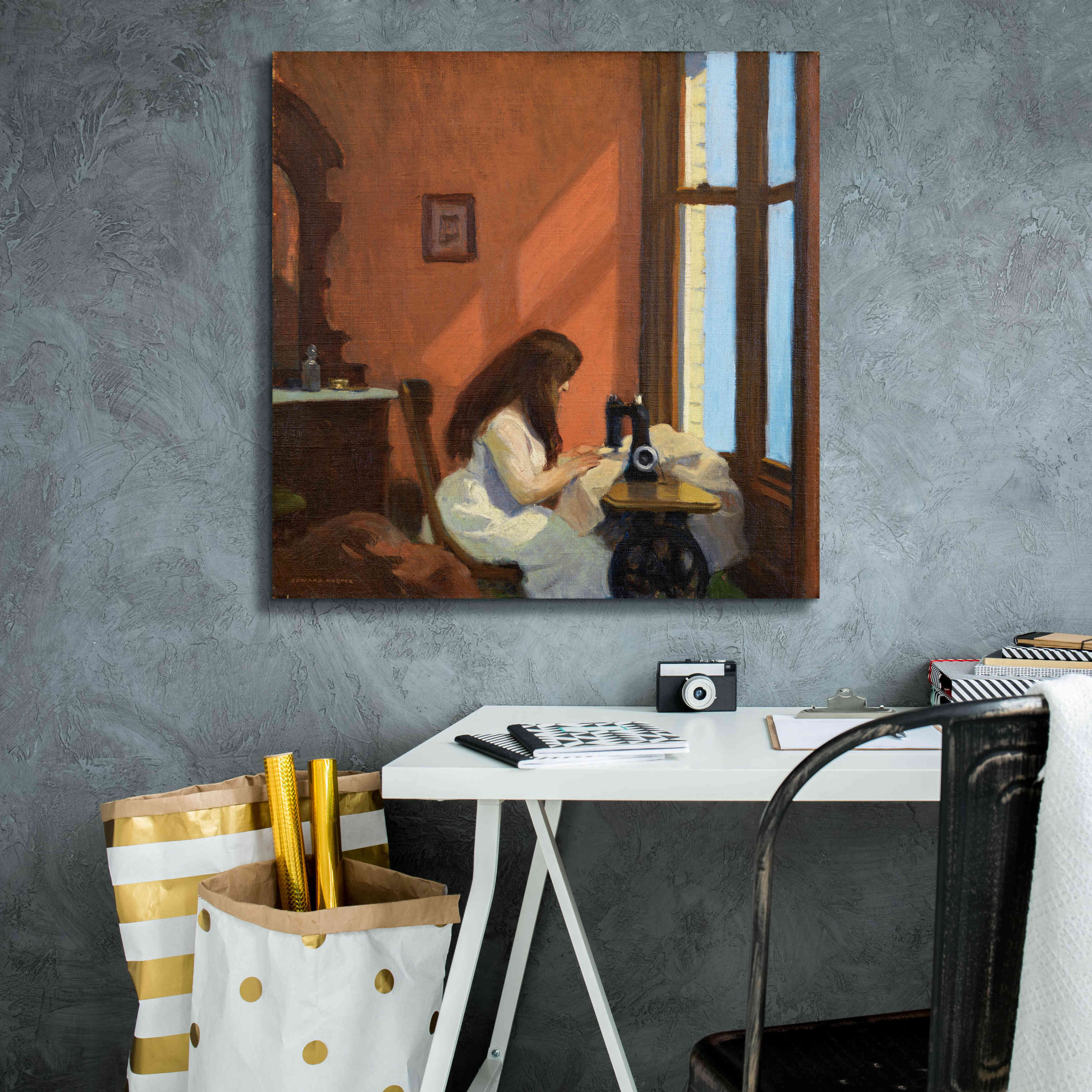 'Girl At Sewing Maching, 1921' by Edward Hopper, Giclee Canvas Wall Art,26x26