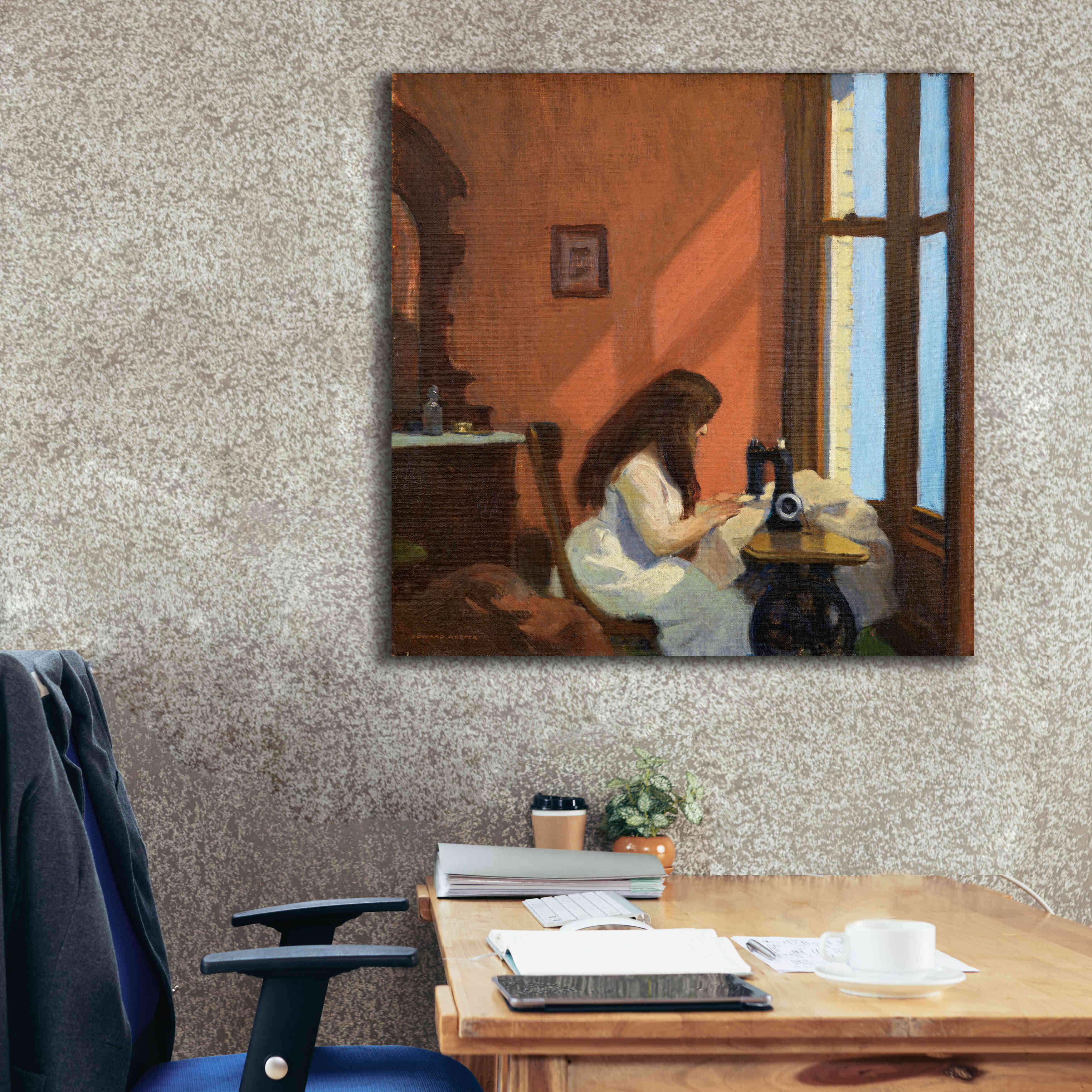 'Girl At Sewing Maching, 1921' by Edward Hopper, Giclee Canvas Wall Art,37x37