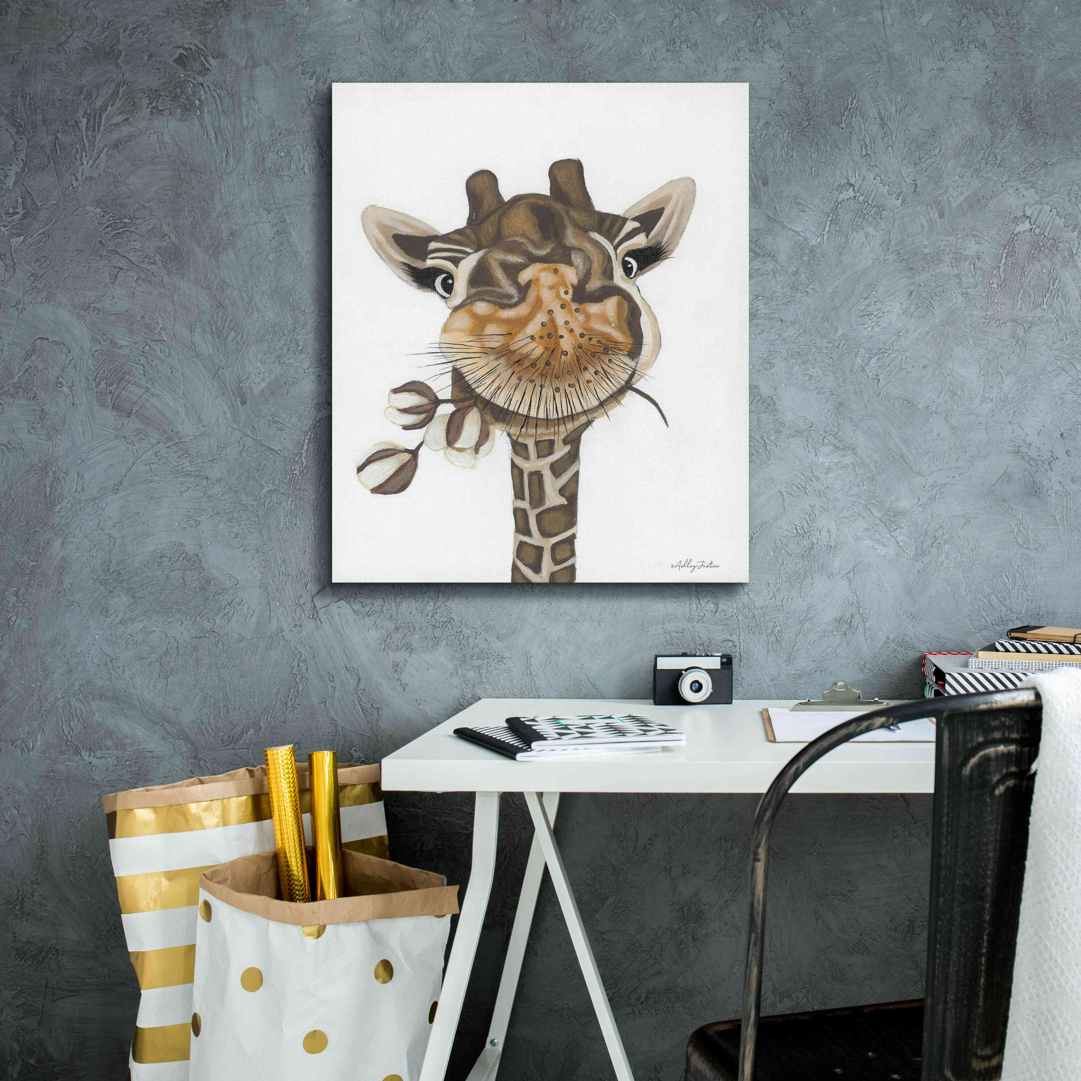 'Giraffe with Cotton' by Ashley Justice, Giclee Canvas Wall Art,20x24