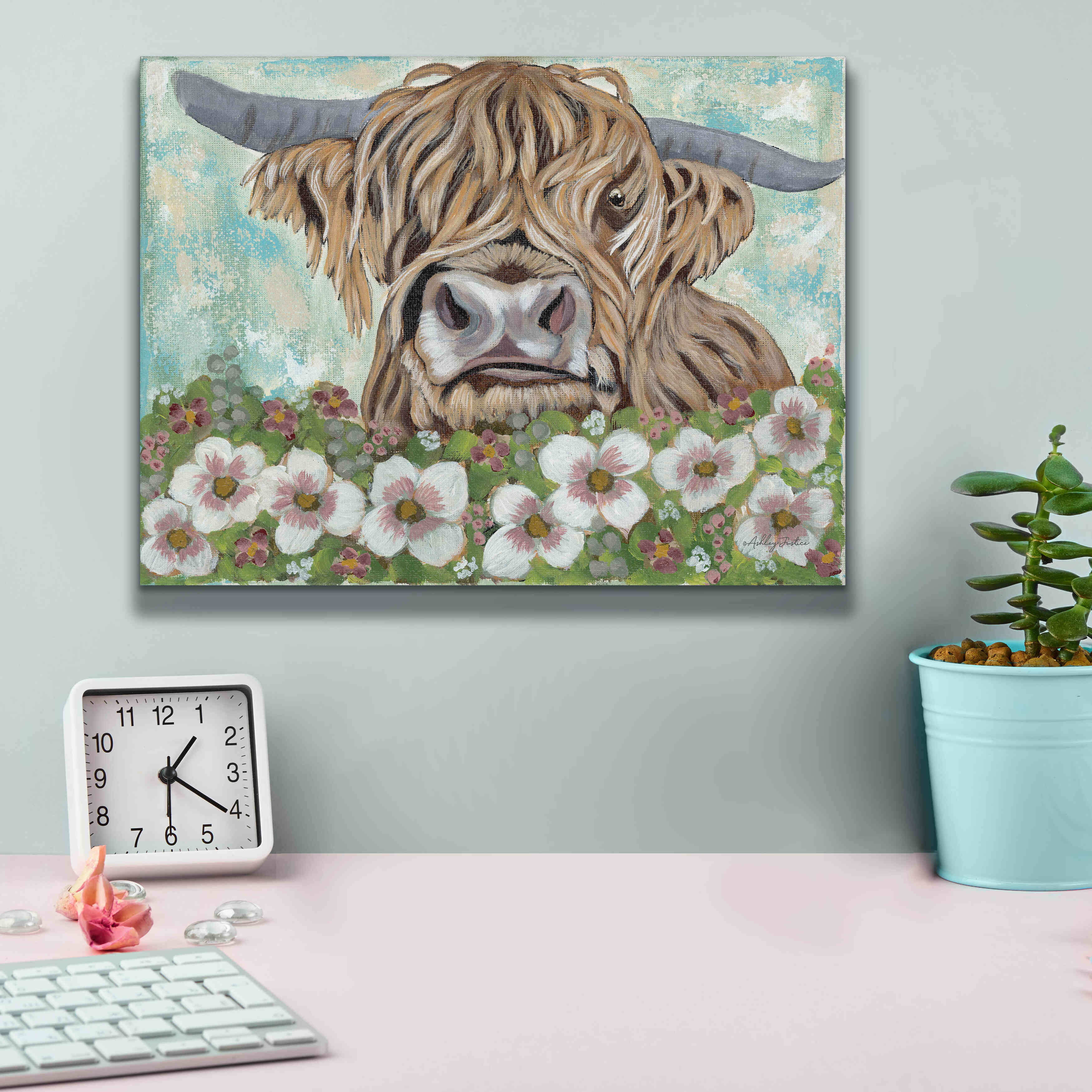 'Floral Highland Cow' by Ashley Justice, Giclee Canvas Wall Art,16x12