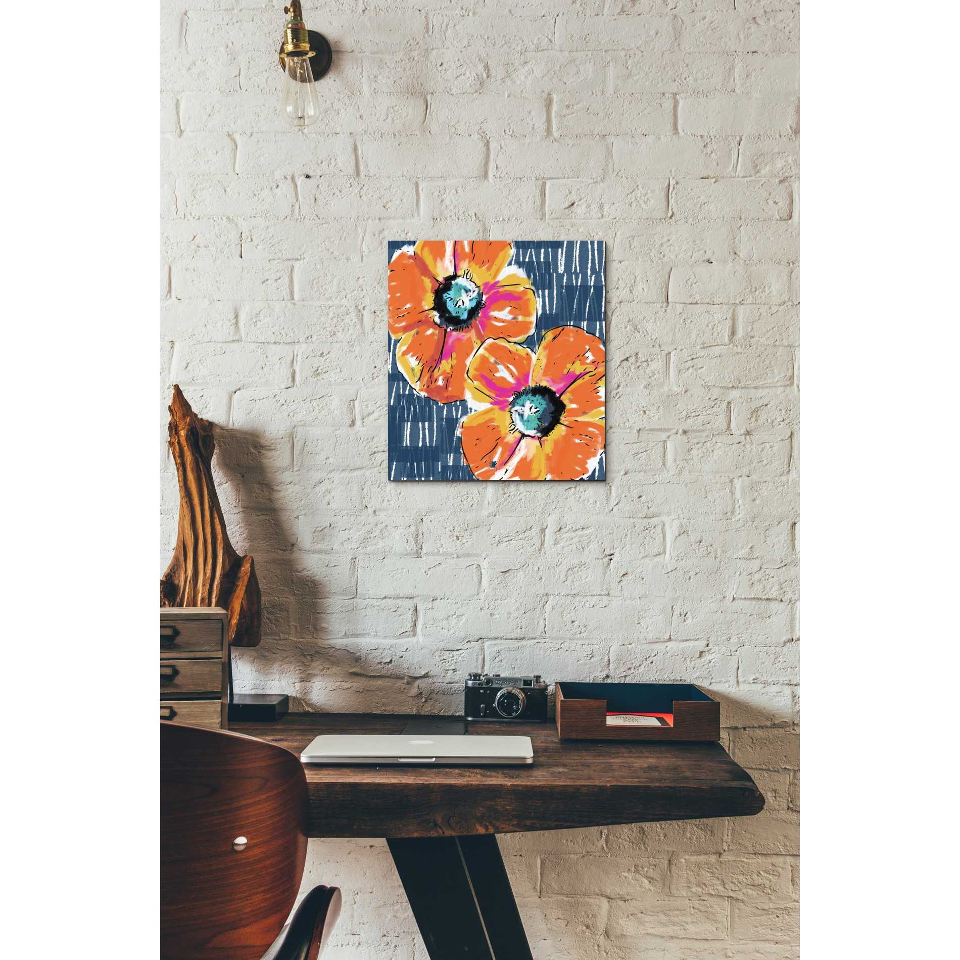'Orange Poppies on Blue' by Linda Woods, Canvas Wall Art,12 x 12