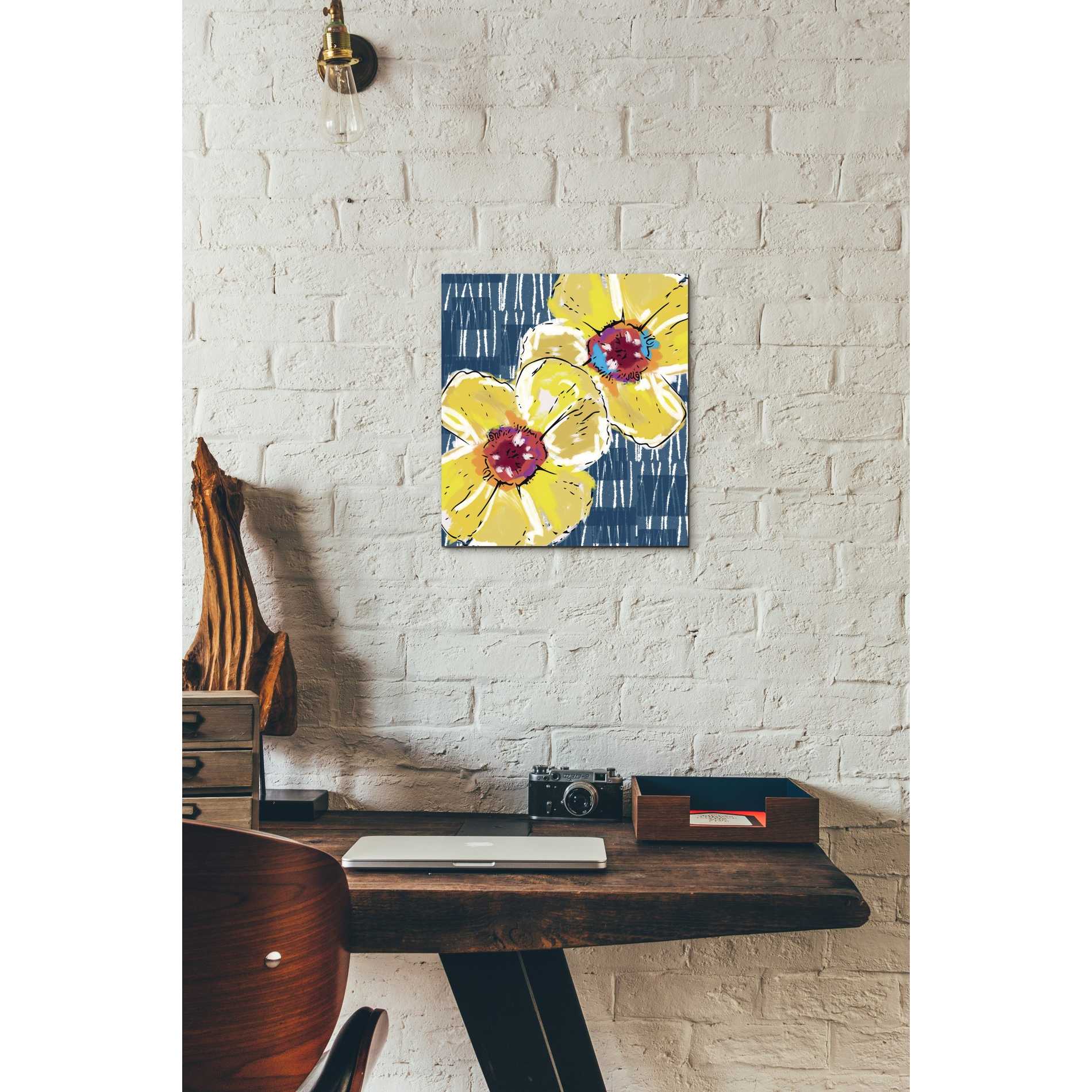 'Yellow Poppies on Blue' by Linda Woods, Canvas Wall Art,12 x 12