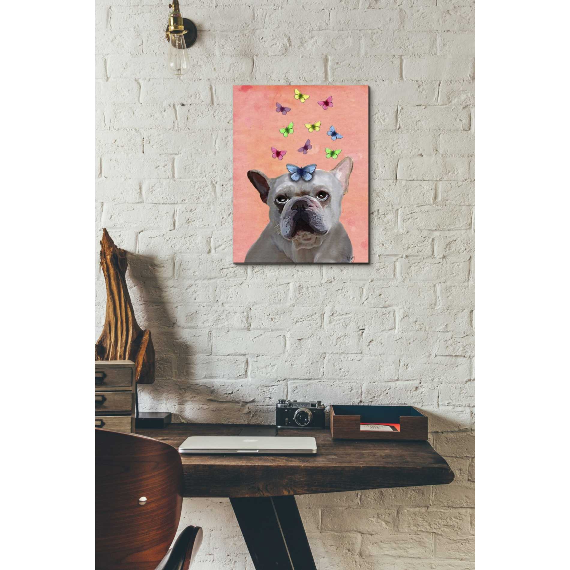'White French Bulldog and Butterflies' by Fab Funky Giclee Canvas Wall Art