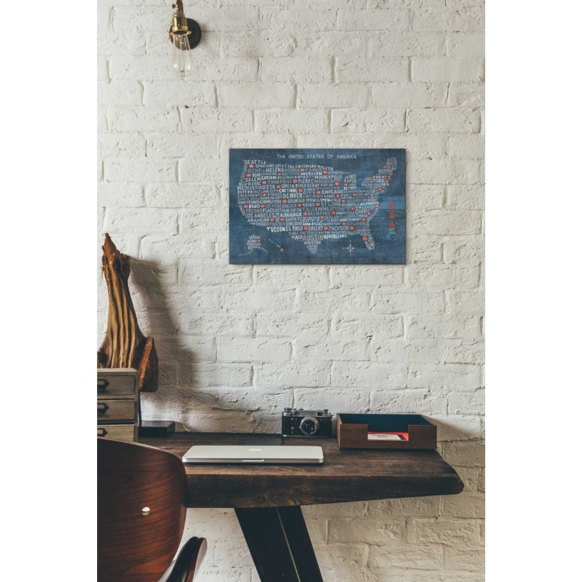 'US City Map on Wood Blue' by Michael Mullan, Canvas Wall Art,18 x 12