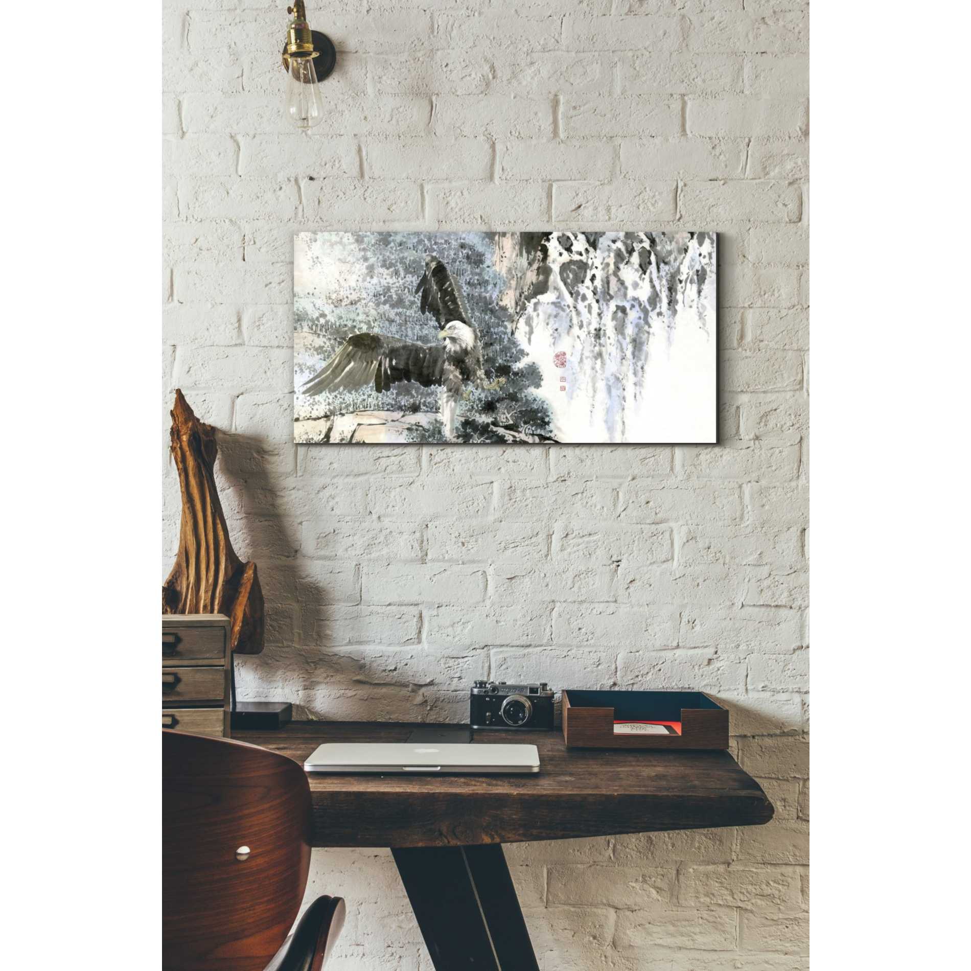'Bald Eagle Over Cascading Waterfalls' by River Han, Canvas Wall Art,12 x 24