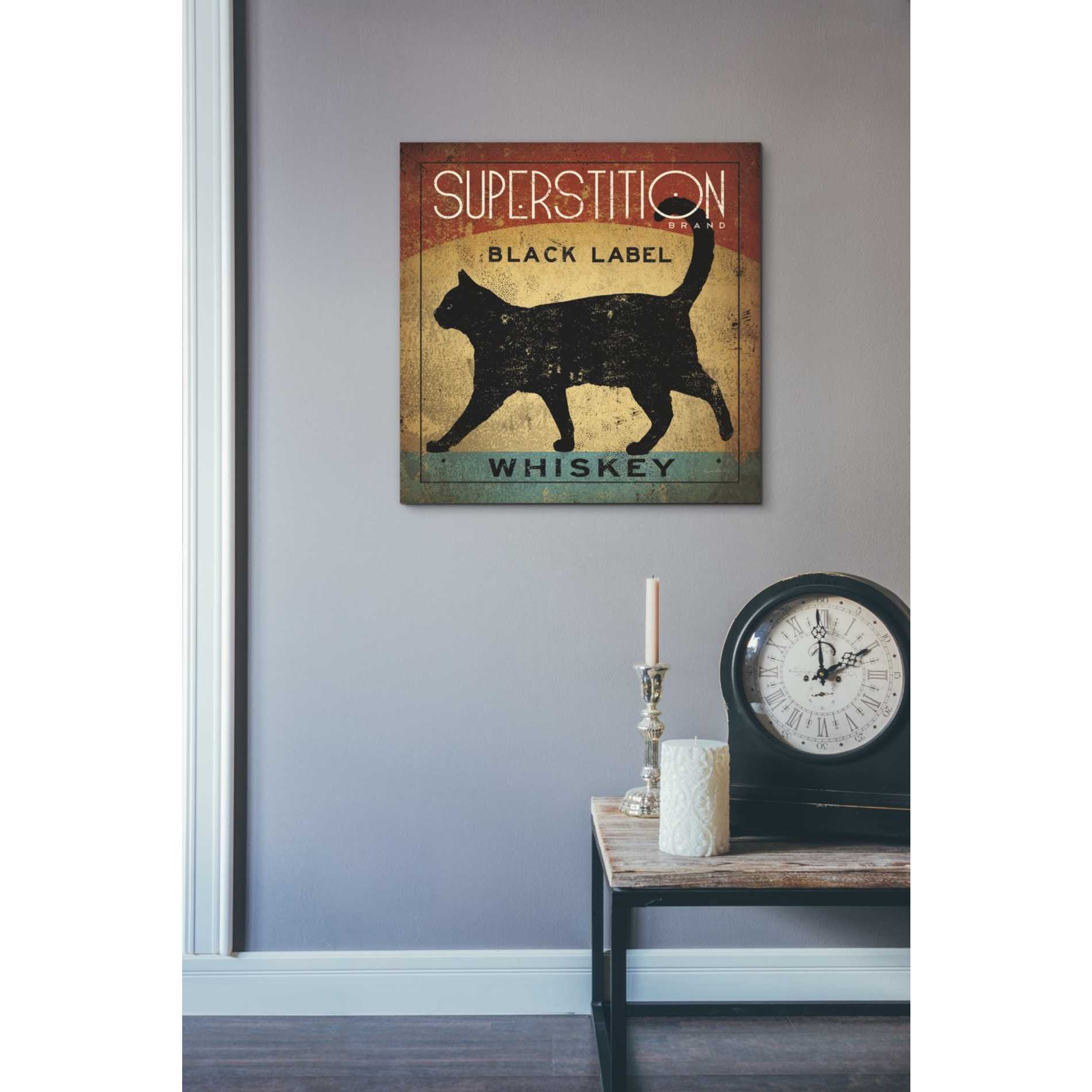 'Superstition Black Label Whiskey Cat' by Ryan Fowler, Canvas Wall Art,18 x 18