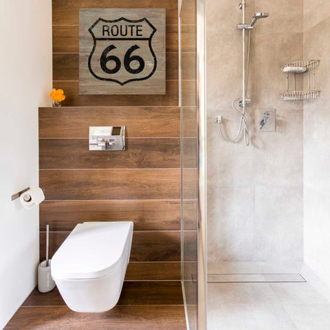 Image of 'Route 66 Black On Wood' by Linda Woods, Canvas Wall Art,18 x 18