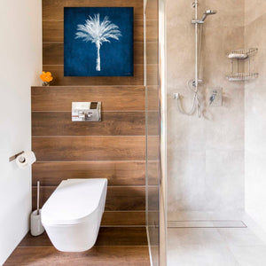 'Single Indigo And White Palm Tree' by Linda Woods, Canvas Wall Art,18 x 18