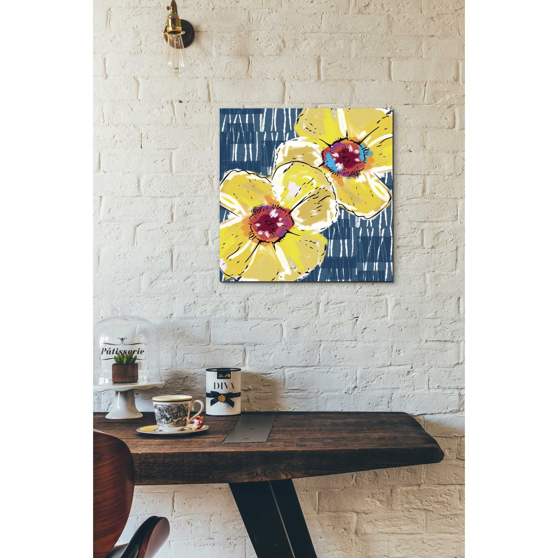 'Yellow Poppies on Blue' by Linda Woods, Canvas Wall Art,18 x 18