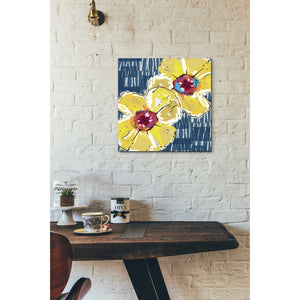 'Yellow Poppies on Blue' by Linda Woods, Canvas Wall Art,18 x 18