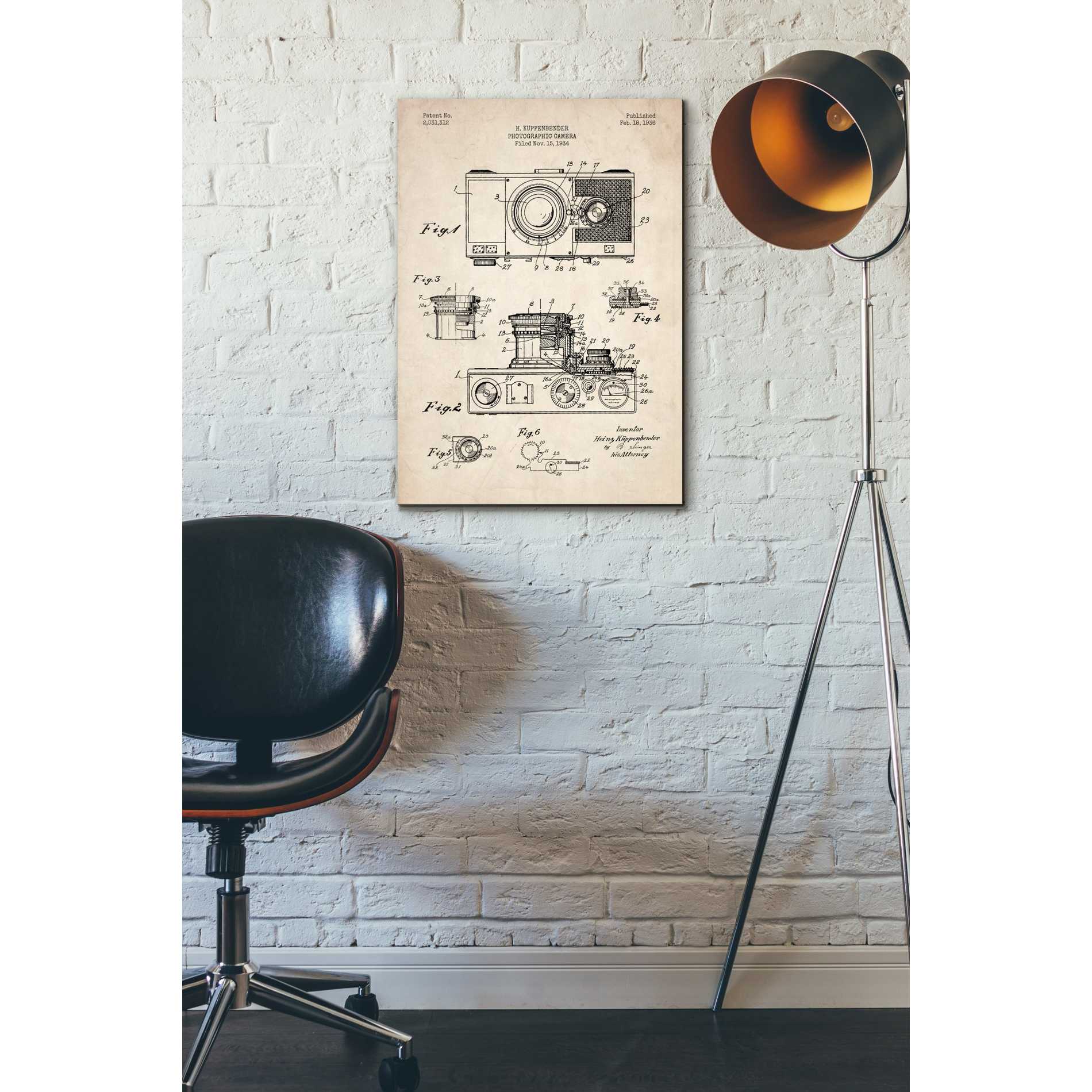 'Camera, 1936 Blueprint Patent Parchment' Canvas Wall Art,18 x 26
