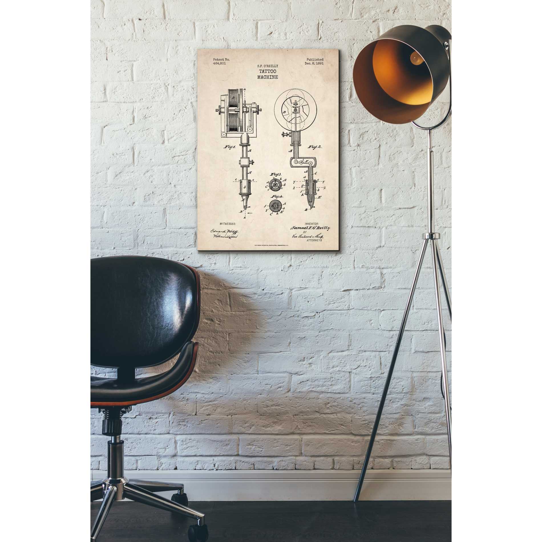 'Tattoo Machine Blueprint Patent Parchment' Canvas Wall Art,18 x 26
