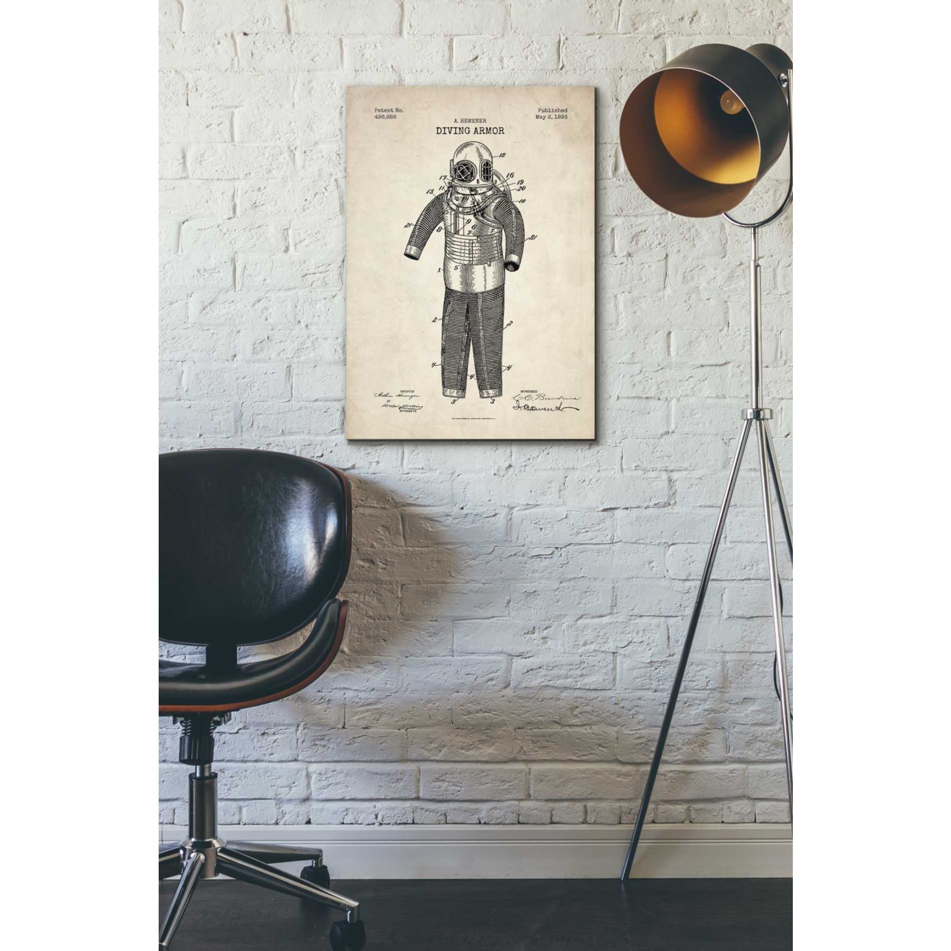 'Diving Armor Blueprint Parchment Patent' Canvas Wall Art,18 x 26