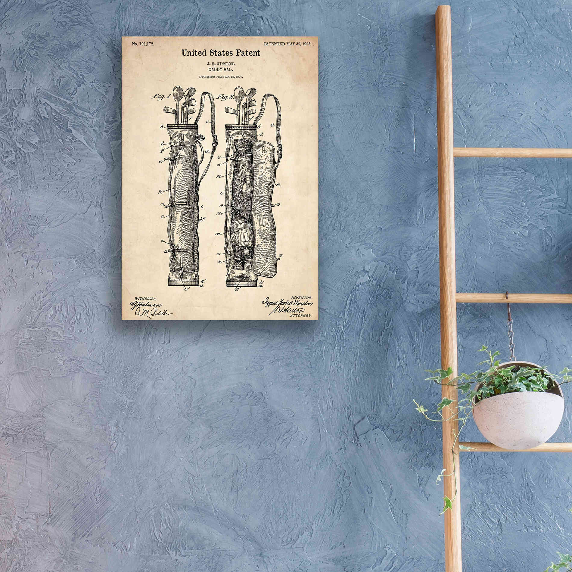 'Golf Bag Caddy Vintage Patent Blueprint' Canvas Wall Art,18 x 26