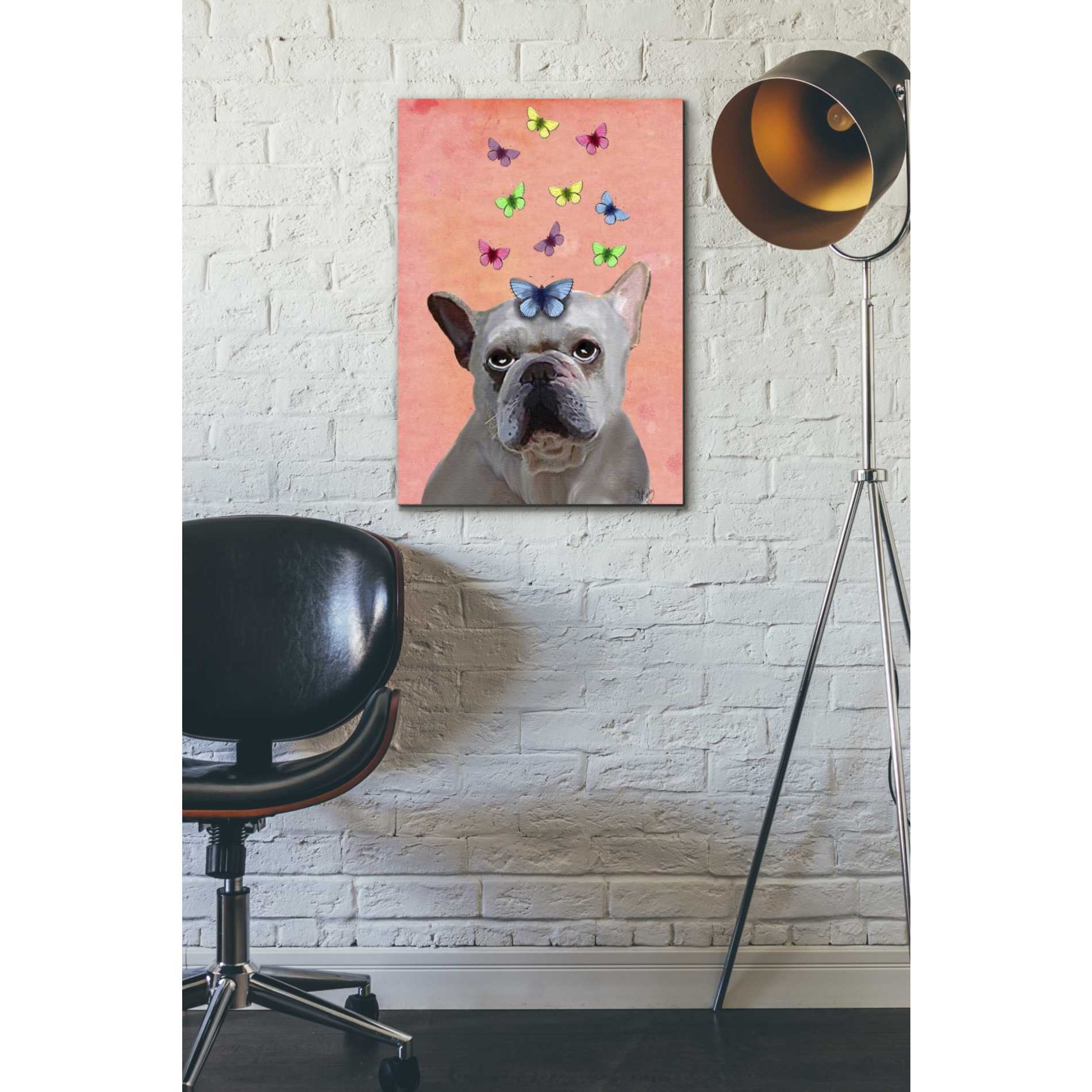 'White French Bulldog and Butterflies' by Fab Funky Giclee Canvas Wall Art