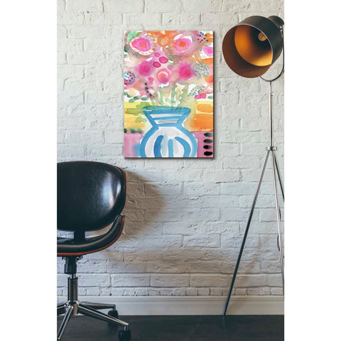 Image of 'Blue Vase Of Flowers' by Linda Woods, Canvas Wall Art,18 x 26