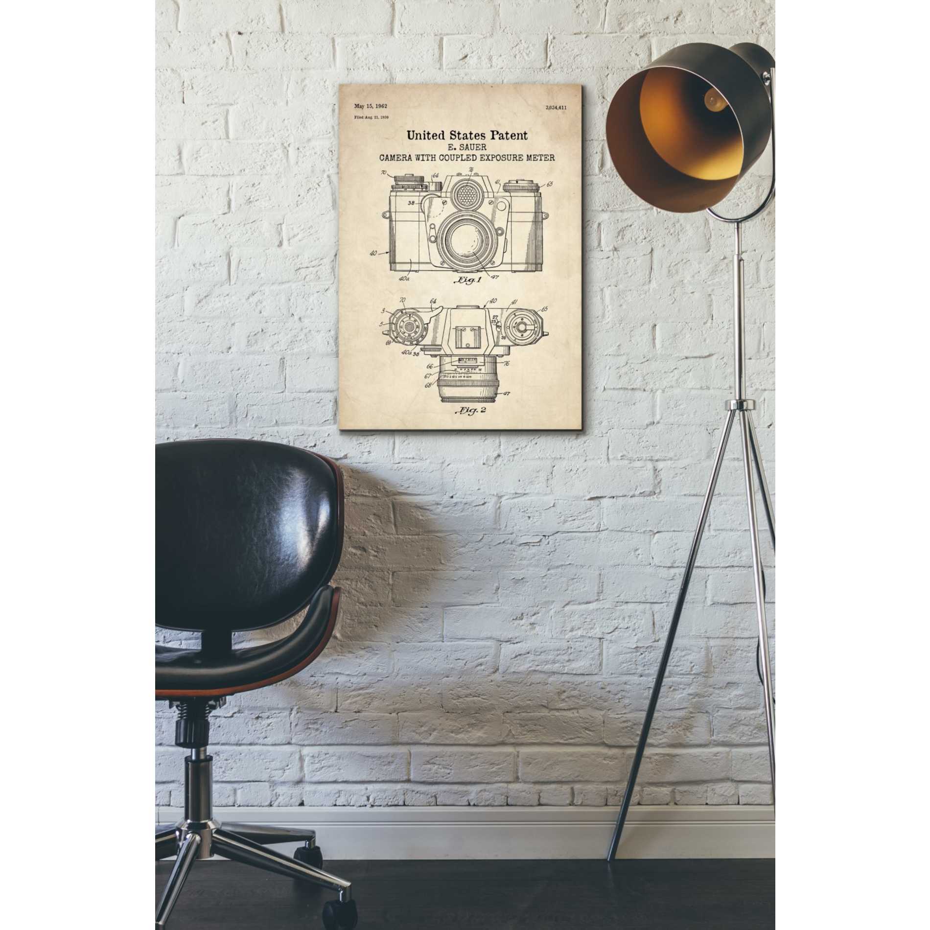 'Camera with Coupled Exposure Meter Blueprint Patent Parchment' Canvas Wall Art,18 x 26