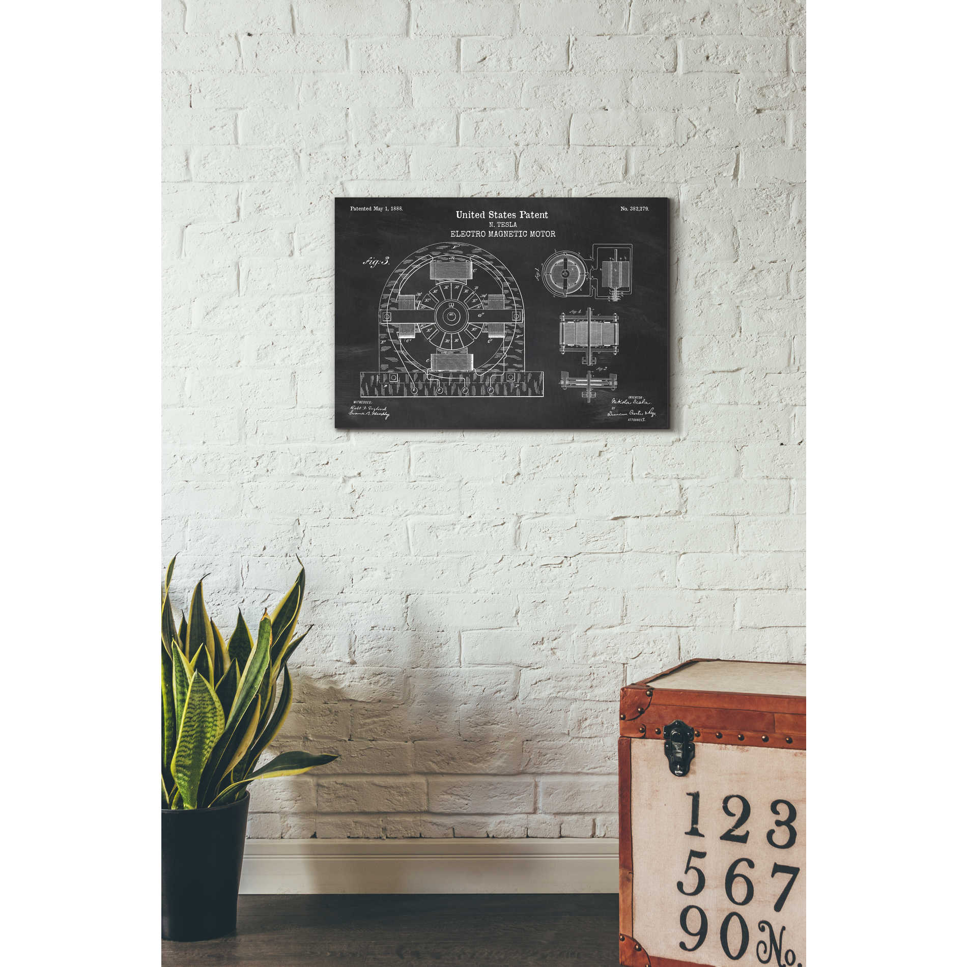 'Tesla Electro Magnetic Motor Blueprint Patent Chalkboard' Canvas Wall Art,26 x 18