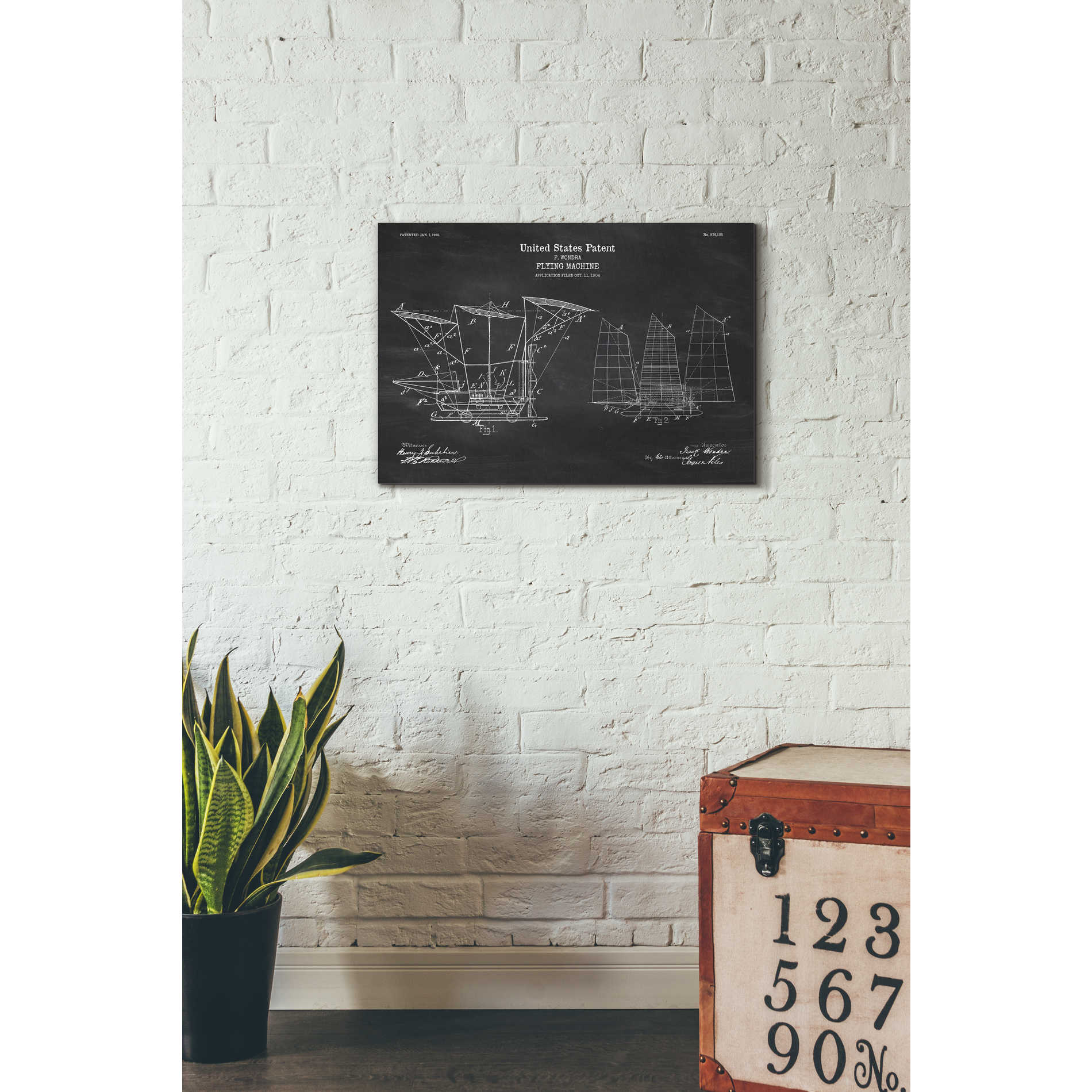 'Flying Machine, 1904 Blueprint Patent Chalkboard' Canvas Wall Art,26 x 18