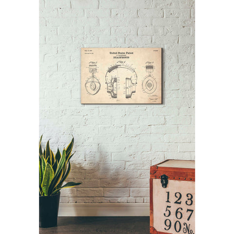 Image of 'Headphones Blueprint Patent Parchment' Canvas Wall Art,26 x 18