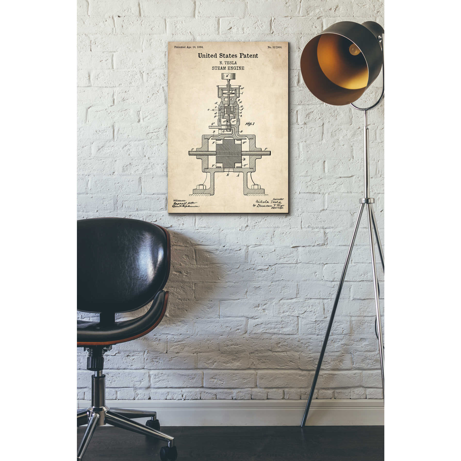 'Tesla Steam Engine Blueprint Patent Parchment' Canvas Wall Art,18 x 26