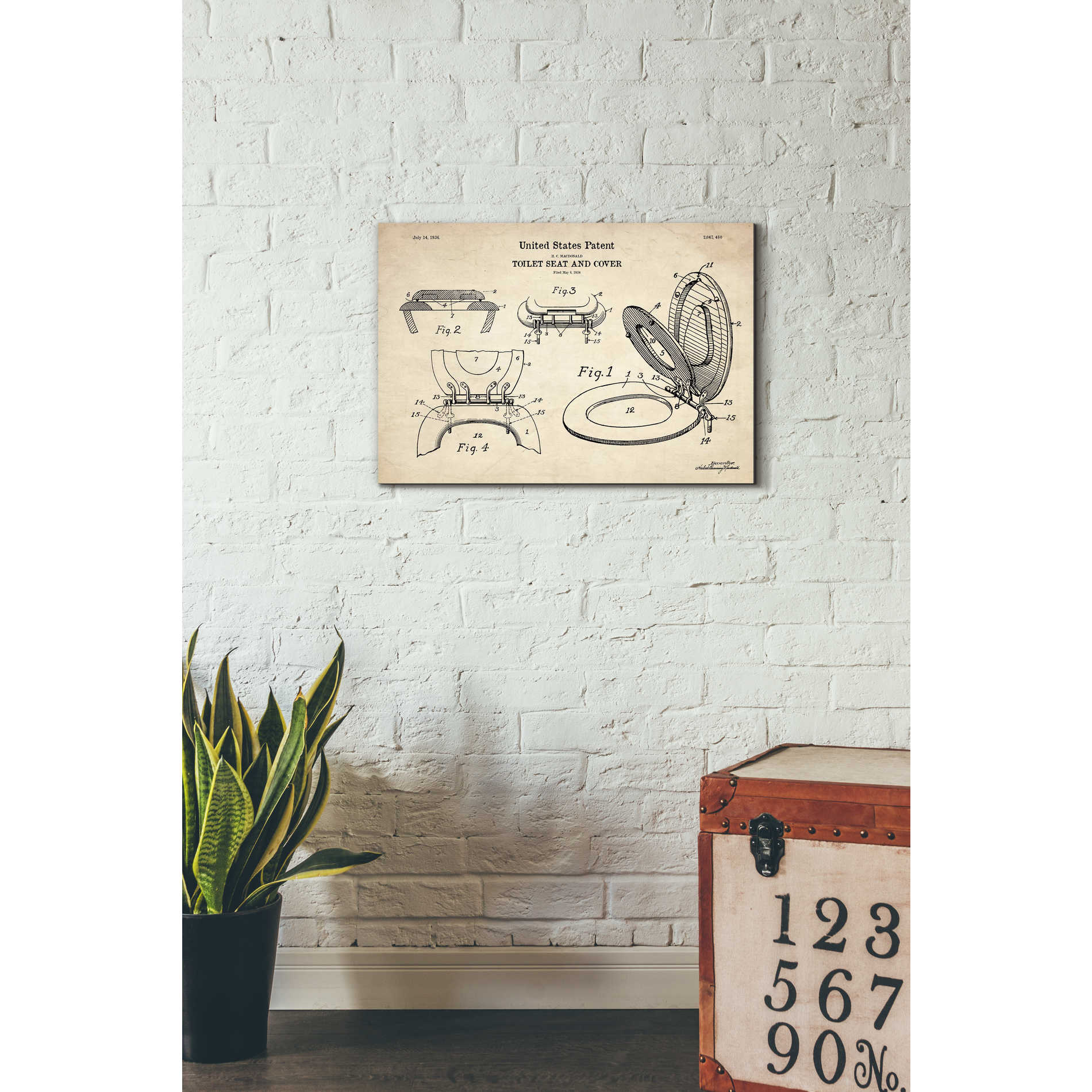 'Toilet Seat Cover Blueprint Patent Parchment' Canvas Wall Art,26 x 18